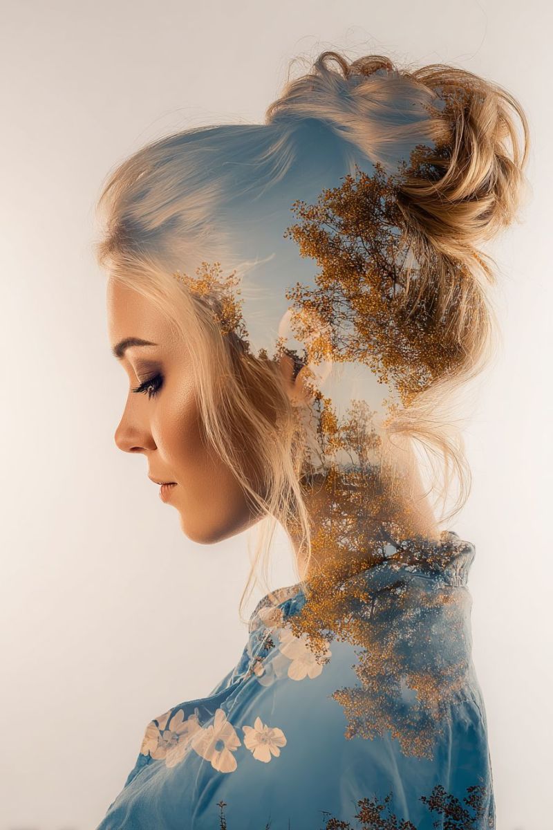 Femme coiffure coupe beaute maquillage oeil mascara fard paupieres rouge levre peau cou robe blouse fleuri Une femme aux cheveux blonds coiffés en chignon regarde vers la gauche. Son visage est partiellement couvert par un arbre aux feuilles dorées, créant un effet de double exposition. Les branches et les feuilles de l'arbre sont superposées à son visage, se mélangeant avec ses cheveux. Elle porte une robe bleue à motif floral. Le fond est un dégradé doux de couleur claire, peut-être un ciel ou un mur uni.