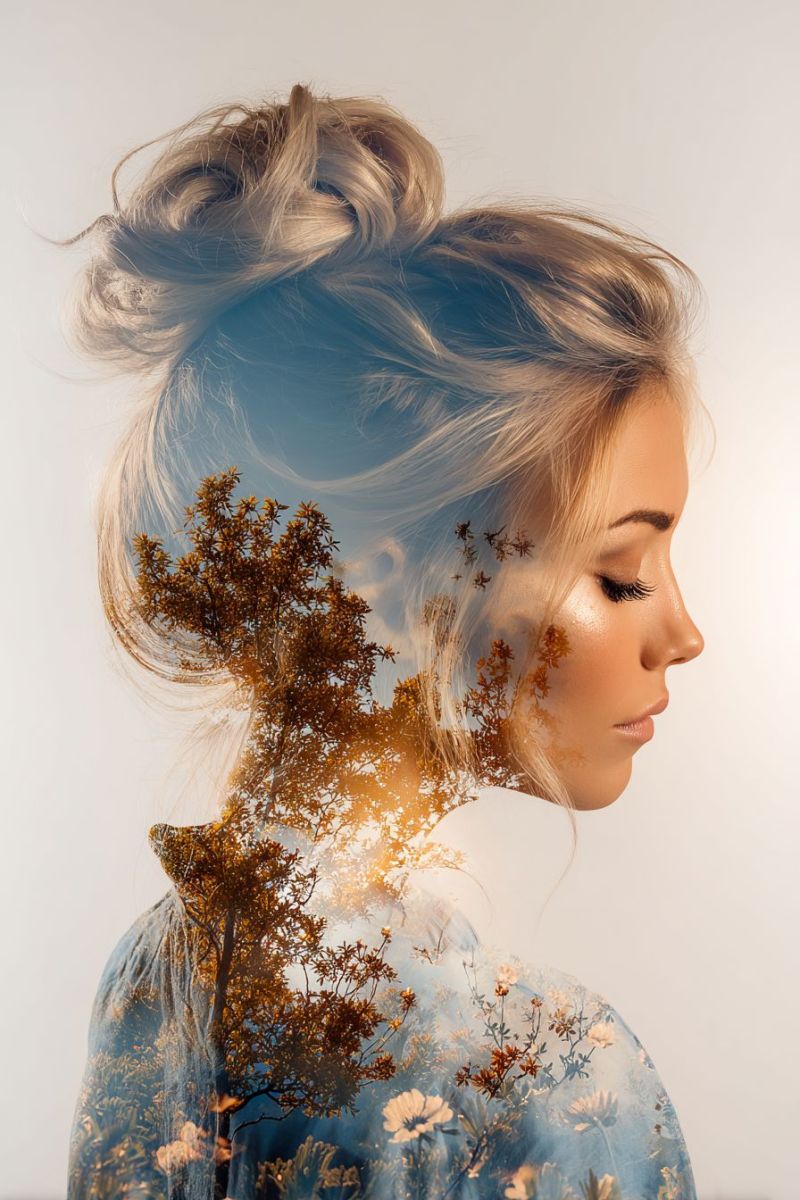 Femme visage coiffure beaute Une femme aux cheveux blonds coiffés en chignon regarde vers le bas les yeux fermés. Son visage est partiellement couvert par un arbre aux feuilles brunes, et les branches et les feuilles de l'arbre sont superposées à son visage. Le fond est d'une couleur bleu clair et douce. L'image a une qualité onirique et surréaliste, avec l'arbre et le visage de la femme se fondant ensemble de manière harmonieuse.