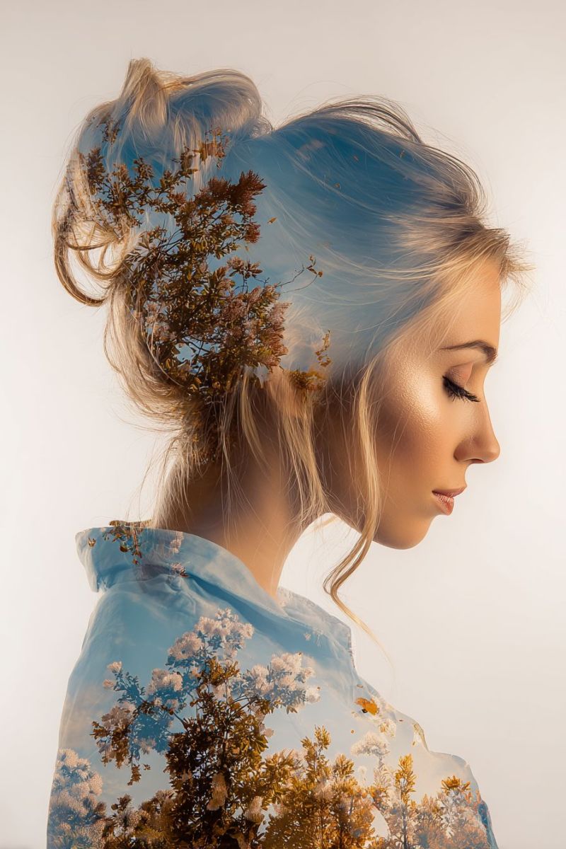 Femme blond coiffure beaute Une femme aux cheveux blonds coiffés en chignon regarde vers le bas les yeux fermés. Ses cheveux présentent un superposition unique d'un arbre avec à la fois des feuilles d'automne et des fleurs de printemps. Elle porte un haut bleu semi-transparent qui a également la même superposition d'arbre. Le fond est un dégradé doux de couleur claire.