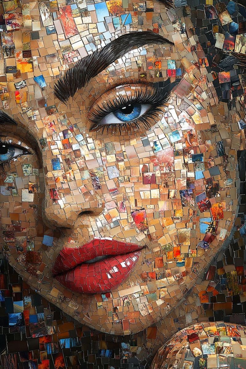 Mosaic human modern colorful tile female creative The image you have shared is a vibrant and colorful mosaic portrait of a person. The individual appears to be a young adult with light skin, wearing makeup that includes lipstick. The person has blue eyes and dark hair styled in bangs. The mosaic tiles used to create this artwork are arranged in a way that suggests a three-dimensional effect, giving the impression of depth and dimensionality. The color palette is quite varied, with shades of brown, orange, red, green, blue, and black. These colors not only fill the spaces between the mosaic tiles but also seem to be integrated into the tiles themselves, adding complexity and richness to the artwork. The person's facial features are clearly visible due to the high level of detail in the mosaic work. The style of the portrait is contemporary and has a three-dimensional quality that is often sought after in realistic art forms. This type of artwork requires a great deal of skill and precision, as each tile must be meticulously placed to create a cohesive and lifelike representation.