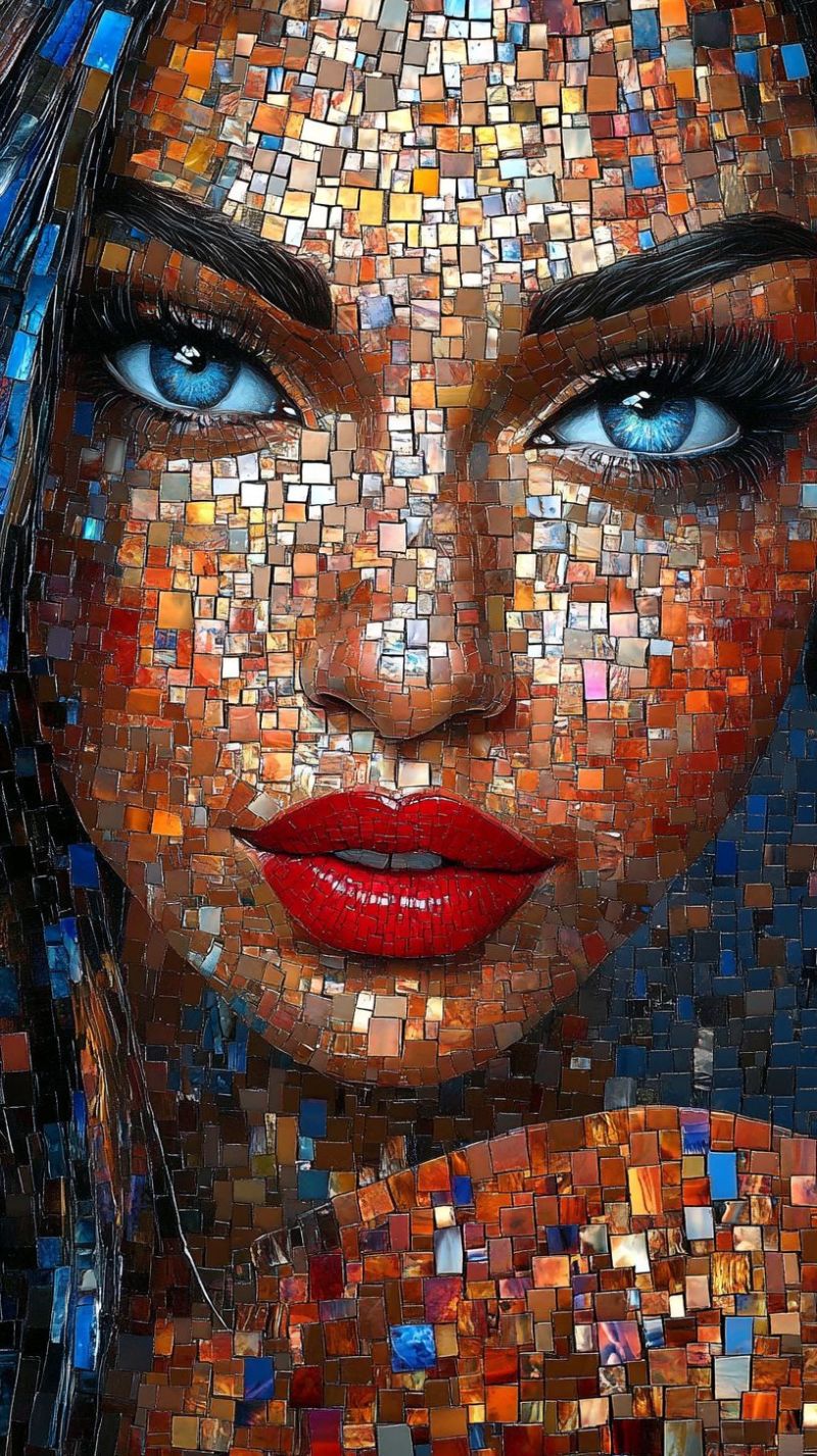 Womans colorful mosaic female beauty composition bright blue eyes red lipstick modern creative expression stylized detailed tile realistic rende close-up of a human face, likely a woman, with prominent features such as her lips and nose. Her skin tone appears to be fair, and she has bright blue eyes looking directly at the viewer. She is wearing makeup, including red lipstick that matches her nail polish. The person has dark hair styled with some highlights. The face is overlaid with a mosaic of small colored tiles or puzzle pieces in various colors, creating an abstract pattern across the face and neck area. This gives the image a unique, pixelated appearance, blending the realism of the portrait with an artistic, mosaic effect. The style of the artwork is reminiscent of a pixelated photo manipulation, where the subject's face has been divided into smaller shapes to create a visual illusion of depth and texture. The colors used for the tiles are vibrant and contrast with the skin tones and other natural hues in the image, making it stand out as an artistic piece rather than a realistic portrait.