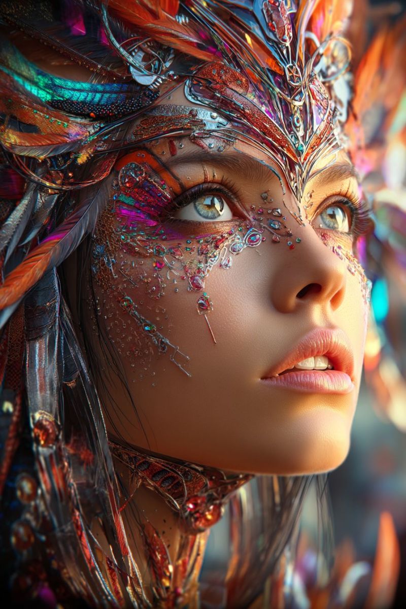 Woman makeup fantasy paint painting design ideas techniques tutorial feathers jewels A close-up portrait of a woman with a face adorned in intricate, colorful makeup and accessories. Her face is painted with shimmering, multicolored designs that resemble a butterfly or dragonfly, with sparkling crystals and feathers. Her eyes are highlighted with vibrant colors, and her lips are painted in a soft pink shade. She wears a headdress made of feathers and metallic elements, adding to the fantastical and artistic appearance. The background is blurred, focusing attention on her face and accessories.