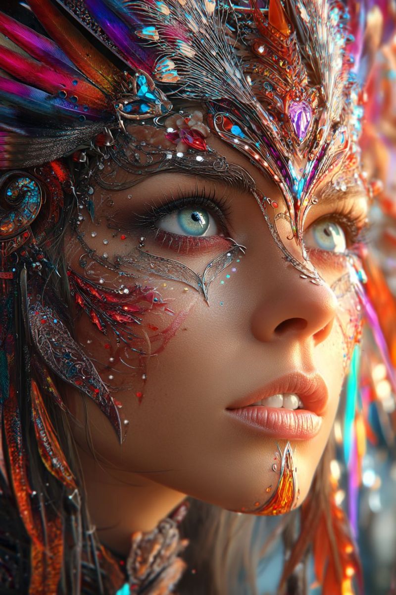 Woman eyes makeup paint painting design ideas tutorial techniques patterns inspiration creativity artistry expression A close-up portrait of a woman with striking blue eyes, adorned with elaborate makeup and accessories. Her face is painted with intricate designs, including red and blue patterns around her eyes and on her cheeks. She wears a headdress made of feathers in various colors, including purple, blue, and red, with metallic accents. The headdress has a heart-shaped design in the center. Her lips are painted pink, and she has a small, silver teardrop-shaped accessory on her cheek. The background is blurred, suggesting a focus on the detailed makeup and accessories.