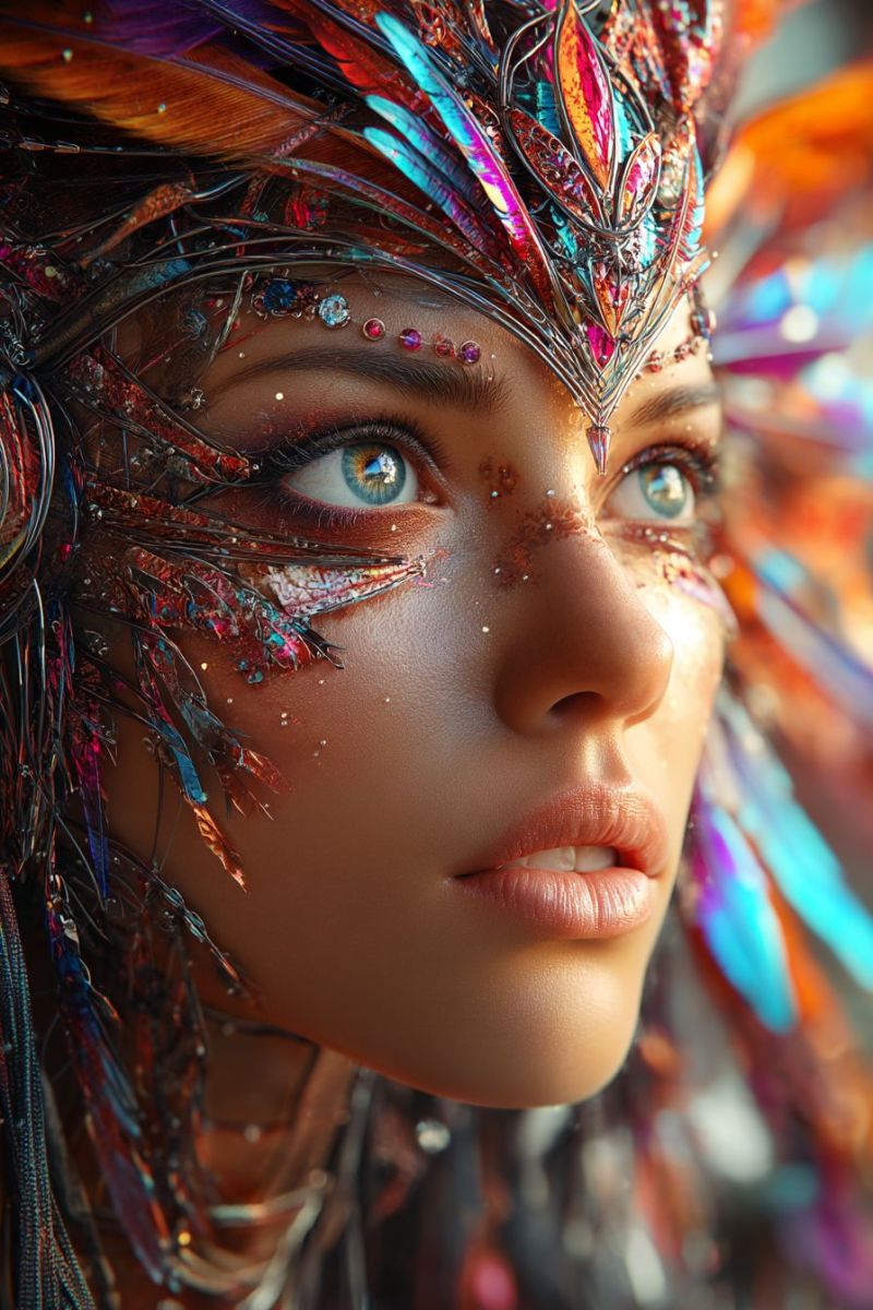 Eyes makeup jewelry headband feathers hair fashion beauty accessories design colorful creative imagination fantasy paint A close-up of a woman's face adorned with vibrant, multicolored feathers and intricate metallic designs. Her eyes are striking with blue irises and a hint of red, framed by shimmering, colorful makeup. Her lips are slightly parted, revealing teeth, and her skin has a subtle, golden glow. The background is blurred, adding a sense of depth and focus on her elaborate face art.