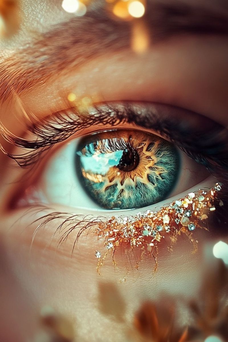 Eye makeup eyeshadow glitter female cosmetic highlight gold bokeh creative composition accurate picture amazing demonstrating the mischiefs wild of human activities on la n ship passing through spatial