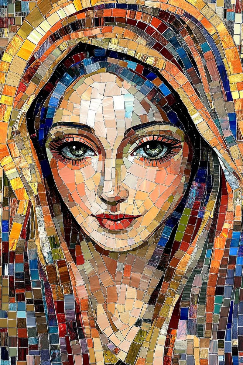 Poster mosaic stained glass window religious holy virgin mary christianity iconography devotion tradition catholic spirituality worship church faith s close-up portrait featuring a mosaic representation of a person. The central figure appears to be a woman with long, wavy hair and fair skin. She has blue eyes that are looking downward and slightly to the left. Her expression is calm and serene. The mosaic itself is made up of small, colored tiles or glass pieces arranged together to create the image of the person's face and upper shoulders. The color palette includes various shades of red, blue, green, and orange, among others. These colors are stylized to give the impression of a stained-glass window rather than an actual photographic portrait. In the background, there appears to be a hint of a mural or wall with a yellowish tone, but it is not distinctly visible due to the focus on the face. The image has a vintage or artistic aesthetic, reminiscent of traditional religious iconography or modern interpretations thereof.