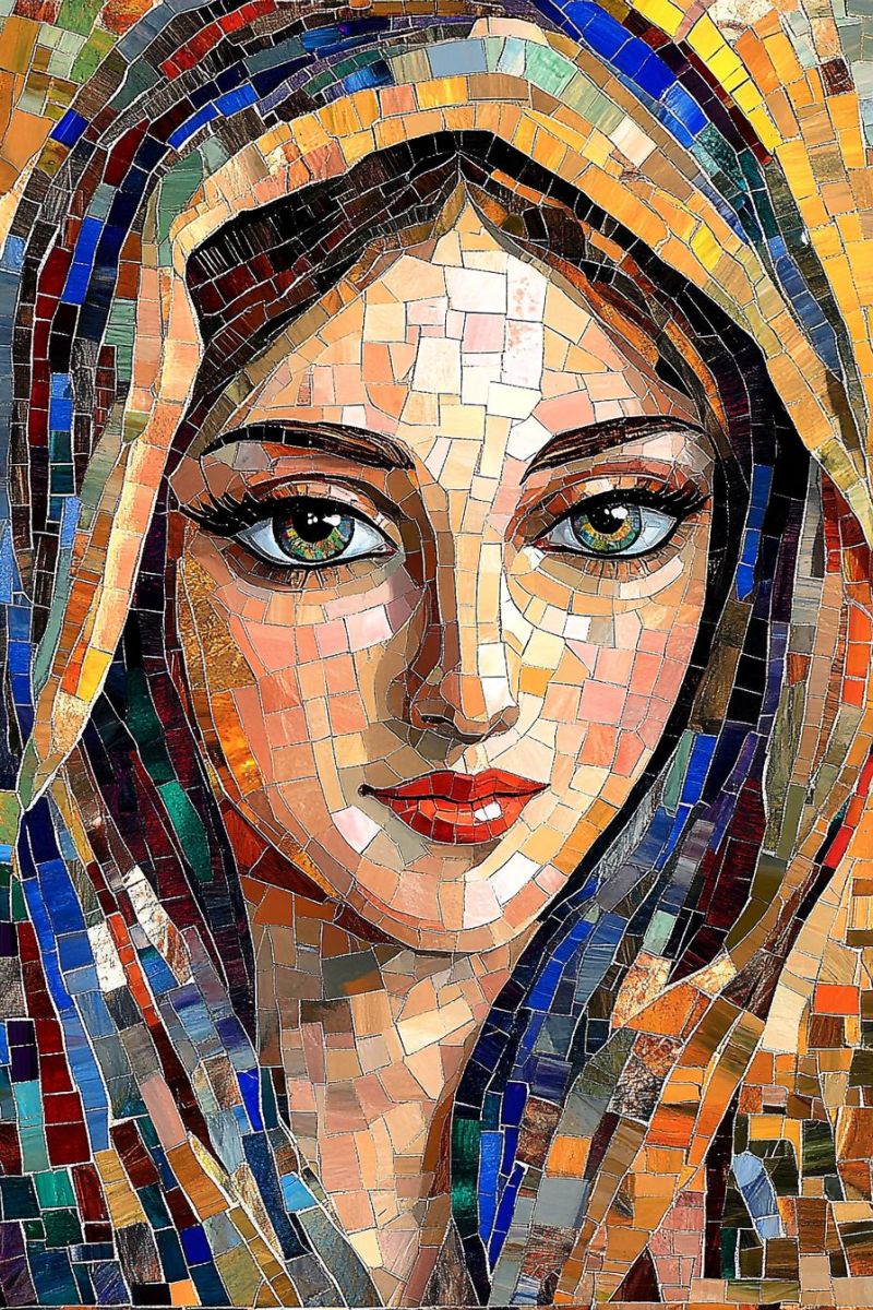 Mosaic woman religious painting stained glass holy tiles catholic virgin mary colorful blue green yellow red orange church The image displays a snowy landscape at night, featuring an aurora borealis, commonly known as the Northern Lights. The aurora appears as a vibrant, swirling display of lights in various hues— predominantly blues, purples, and greens—radiating from the sky downward towards the ground. In the foreground, there is a small village with warmly lit homes nestled among snow-covered hills or mountains. A road curves gently around the base of these hills. The surrounding environment appears calm and serene, contributing to the tranquil atmosphere of the scene. There's a sense of scale, as the lights from the aurora are so large they appear almost like a tunnel leading through the sky. In the background, the faint outlines of mountains can be seen under the celestial display, adding depth to the image. The style of the photograph is realistic, capturing the natural phenomenon with high detail and vibrant coloration. There are no texts visible in the image.