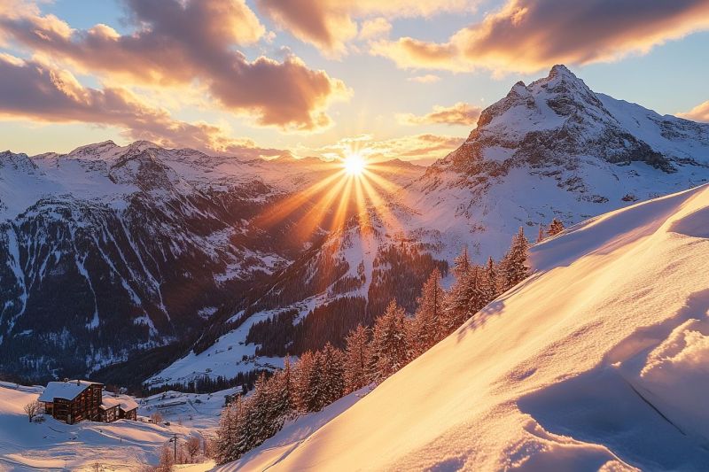 Neige ciel soleil nuage hiver lever coucher colline arbre maison vallee rocher pic glaciers enneige montagnes Le soleil se couche derrière une chaîne de montagnes, projetant une douce lueur sur le paysage enneigé. Les montagnes sont couvertes de neige, et les rayons du soleil percent les nuages, créant un paysage magnifique. Au premier plan, il y a une petite cabane en bois avec un toit recouvert de neige, entourée de pins. Les arbres sont également couverts de neige, et le sol est recouvert d'une épaisse couche blanche. Le ciel est un mélange d'orange et de bleu, avec le soleil qui se couche au loin.