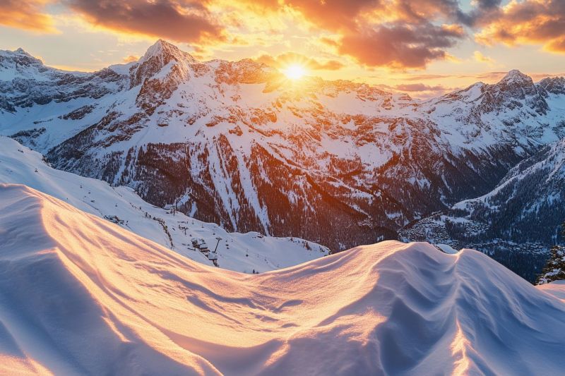 Neige montagne ciel soleil nuage lever coucher enneige hiver colline roche vallee pic glacier gele matin nuit meteo Un paysage hivernal à couper le souffle présente une majestueuse chaîne de montagnes recouverte d'une épaisse couche de neige, avec le soleil se couchant derrière les pics, projetant une chaude lueur dorée sur la scène. Le ciel est un mélange d'oranges profonds et de roses doux, avec des nuages éparpillés ajoutant à l'atmosphère sereine. Le premier plan est dominé par une grande colline enneigée, avec de douces ondulations et des vagues dans la neige, illuminées par le soleil couchant. Au loin, un télésiège est visible, laissant entrevoir la possibilité d'activités sportives hivernales. La scène générale est paisible et pittoresque, capturant la beauté d'une montagne enneigée au coucher du soleil.