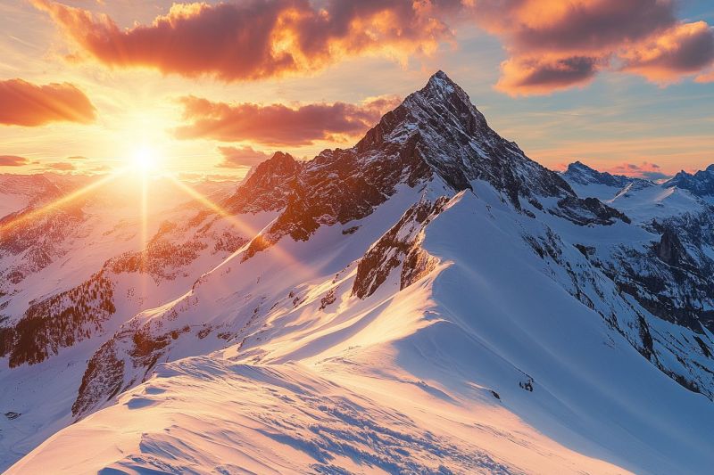 Montagne neige ciel soleil nuage lever coucher nature rocher colline vallee glaciers glace icebergs glaciaire calottes glaciai Le soleil se couche derrière une chaîne de montagnes, projetant une douce lueur sur les pics enneigés. Le ciel est un mélange de teintes orange et roses, avec des nuages éparpillés ajoutant de la profondeur. Au premier plan, une pente raide enneigée avec des traces visibles suggère une activité récente. La chaîne de montagnes s'étend au loin, avec des pics déchiquetés et des affleurements rocheux. La scène globale est sereine et majestueuse, capturant la beauté d'un coucher de soleil d'hiver dans un paysage montagneux.