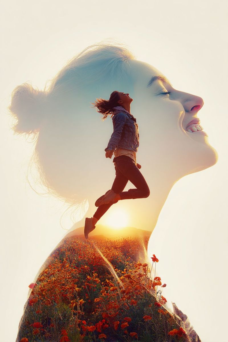 Femme double exposition photoshop artiste tutoriel technique design edition inspiration amoureux Une femme dans un champ de fleurs rouges. Elle saute en l'air, sa silhouette visible contre le ciel. Ses cheveux sont attachés en arrière, et elle porte une veste en jean et un pantalon noir. Le visage de la femme est partiellement obscurci par sa silhouette, mais elle semble sourire. Le soleil se couche en arrière-plan, projetant une lueur chaude sur la scène. Les fleurs sont vibrantes et nombreuses, créant un arrière-plan coloré pour le saut joyeux de la femme.