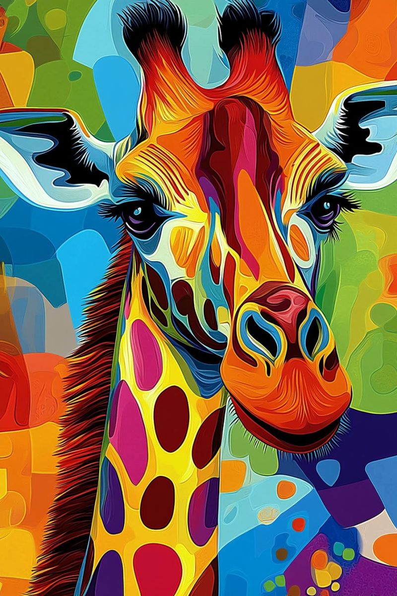 Girafe lumineuse uvre arc ciel graphisme design moderne animal nature faune animaux male stylise futuriste contemporain hautement Une personne est assise sur une roche près d'un lac à la nuit, avec une vue de montagnes à pic aux neiges majestueuses. Le ciel au-dessus est une étendue étoilée claire avec la Voie lactée visible. Le sol est vert et lisse, ce qui suggère qu'il se trouve dans une région montagneuse. Un abri isolé est mis à proximité, indiquant un séjour de camping. L'ensemble du paysage transmet un sentiment de calme et de paix, évoquant des sentiments d'introspection ou d'exploration dans la nature.