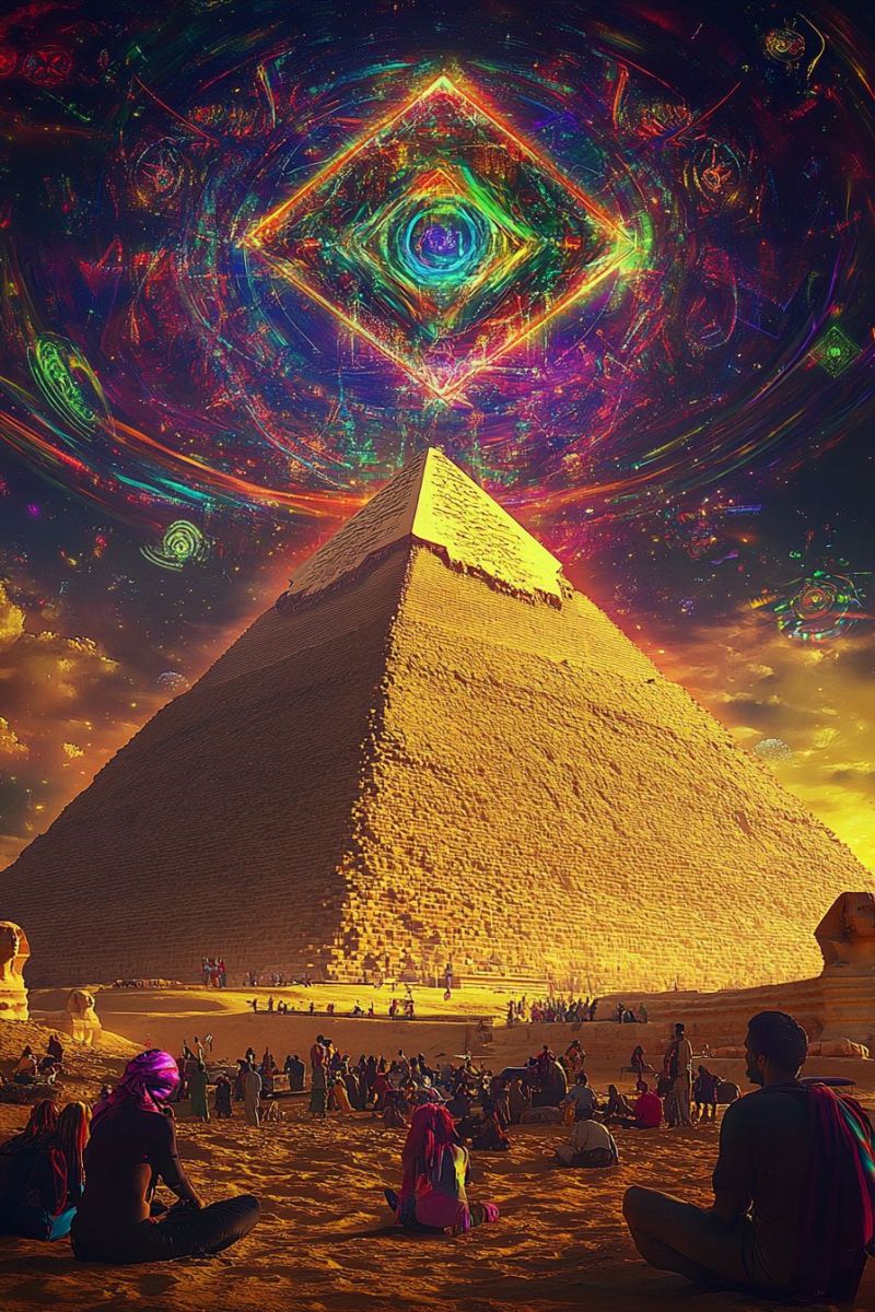 Pyramid desert ancient egypt sphinx sunset sky culture history architecture travel tourism people gathering meditation spirituality alien In the foreground, a group of people are sitting on the sand, likely tourists, observing a large pyramid. The pyramid is made of stone and has a triangular shape. The sky above is a vibrant mix of colors, including purples, blues, and greens, with a large, colorful, abstract design that resembles a mandala or a cosmic pattern. The design features a central eye-like shape with radiating lines and swirls. The sun is setting, casting a warm, golden light on the pyramid and the surrounding area.