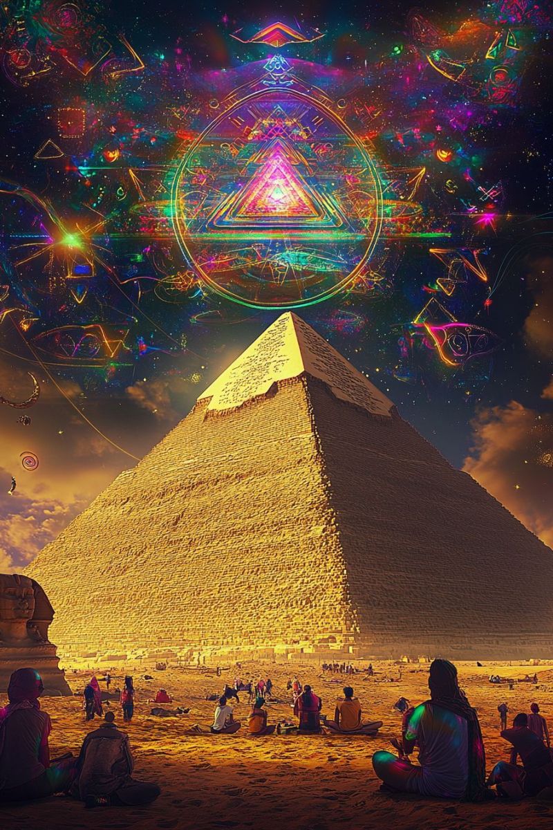 Pyramid desert ancient egypt architecture history culture tourism monument sand sky people sitting meditation spirituality fantasy imagination In the foreground, a group of people are sitting on the sand, likely tourists, observing a large pyramid. The pyramid is illuminated by the setting sun, casting a warm glow on its surface. Above the pyramid, a vibrant, colorful, and abstract design floats, resembling a cosmic or spiritual aura. The design includes geometric shapes, triangles, and a central circular pattern with a bright, multicolored triangle in the middle. The sky is a mix of deep blues and purples, with scattered clouds and a sense of depth. The overall scene combines ancient architecture with modern, psychedelic art, creating a surreal and mystical atmosphere.