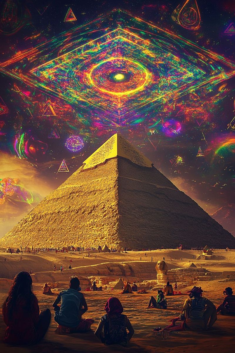 Pyramid desert ancient egypt pyramids giza In the foreground, several people are sitting on the ground, likely tourists, observing the Great Pyramid of Giza. The pyramid is depicted with a vibrant, colorful, and somewhat psychedelic overlay, featuring swirling patterns and geometric shapes. The sky above the pyramid is filled with a mix of bright, neon colors, including yellow, green, and purple, creating a surreal and otherworldly atmosphere. The desert landscape is vast, with the pyramid standing prominently in the center. In the distance, there are additional structures and people, suggesting a lively scene. The overall image combines elements of ancient architecture with modern, abstract art.