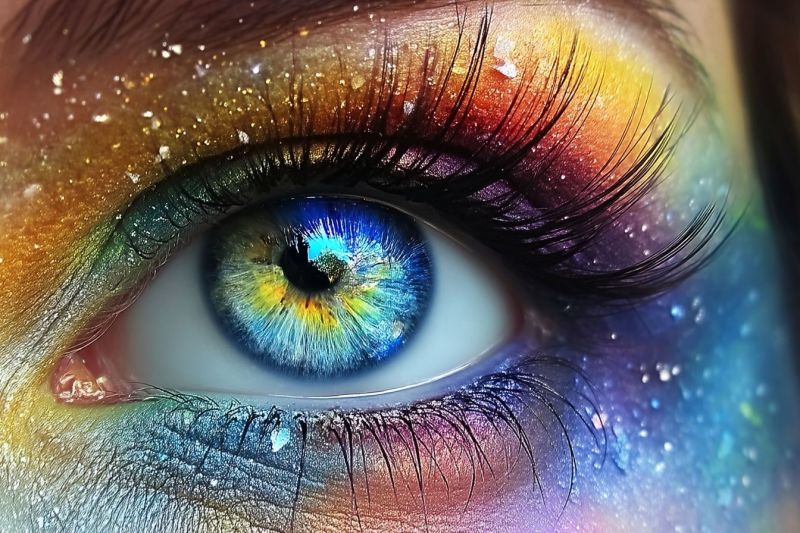 Eye eyelash eyeliner eyebrow eyelashes makeup shadow A close-up of a human eye with vibrant, multicolored makeup around it. The eye itself has a blue iris with a yellow center, surrounded by a white sclera. The eyelashes are long and thick, with colorful glitter and sparkles applied to the eyelids. The makeup includes shades of blue, yellow, orange, and pink, creating a rainbow effect. The eye appears to be looking directly at the camera, with a slight tilt and a hint of a smile.