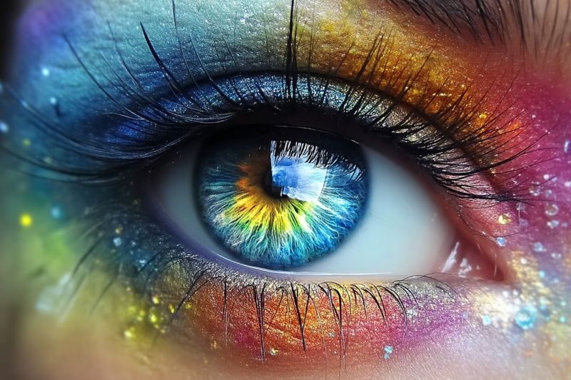 Eye makeup eyelashes eyeshadow eyeliner eyebrows tutorial ideas look tips products inspiration trends techniques designs looks application A close-up of a human eye with vibrant, multicolored makeup around it. The eye itself has a blue iris with a yellow center, surrounded by a ring of blue and white. The eyelashes are thick and long, with a mix of black and white colors. The eye is surrounded by a rainbow of colors, including pink, yellow, orange, and blue, with some glittery particles scattered around. The makeup is applied in a way that creates a shimmering effect, giving the eye a magical and enchanting appearance.