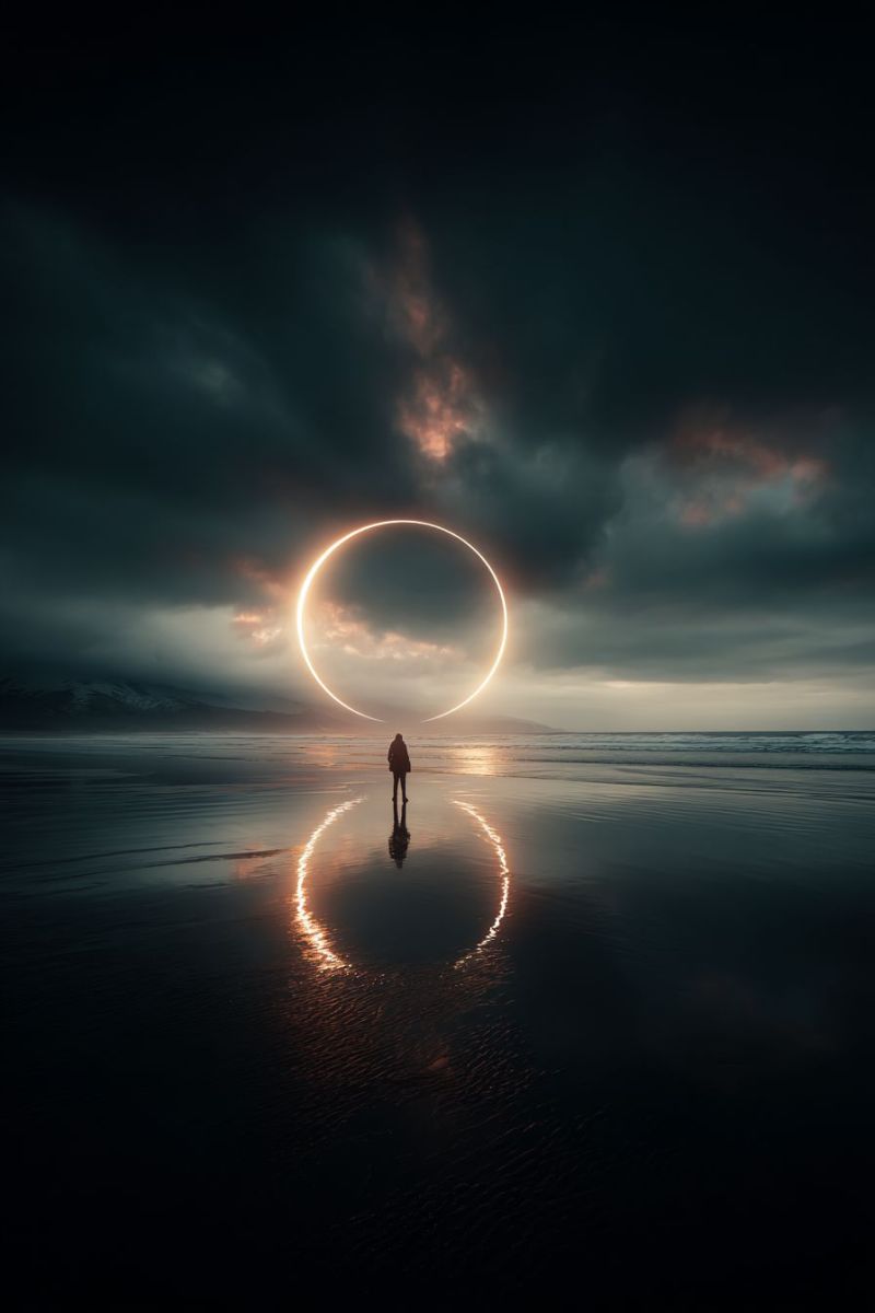 Beach night reflection water horizon dark clouds mountains sunset sea waves sky storm calm moody atmosphere A person stands on a beach at night, with a large circular light source illuminating the sky above. The light creates a halo effect, casting a warm glow on the person and the surrounding area. The person's shadow is reflected on the wet sand, and the water is calm. In the distance, mountains are visible under a dark, cloudy sky.