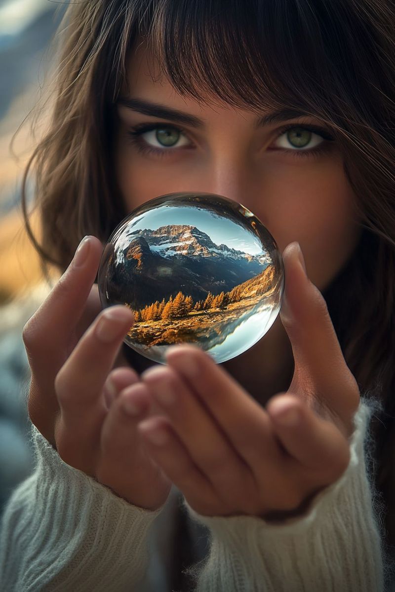 Femme tenant cristal boule main montagne reflechi naturel travers aventure enroulant globe elegant capturer beaute naturelle sein sphe Il y a une personne tenue par une grande boule ronde avec un paysage de montagne détaillé dessus. L'individu semble être à l'extérieur car le fond est flou et se présente comme un environnement naturel. Il porte une casserole légèrement et a des cheveux longs. La main droite du personne s'est ouverte, affichant la sphère qu'il tient. La sphère a une image vibrante d'un paysage de montagne dessus, qui semble capturer un instant avec un ciel clair et des sommets enneigés. Le personnel est face à la caméra, regardant directement la même chose, tout en présentant la sphère au spectateur.