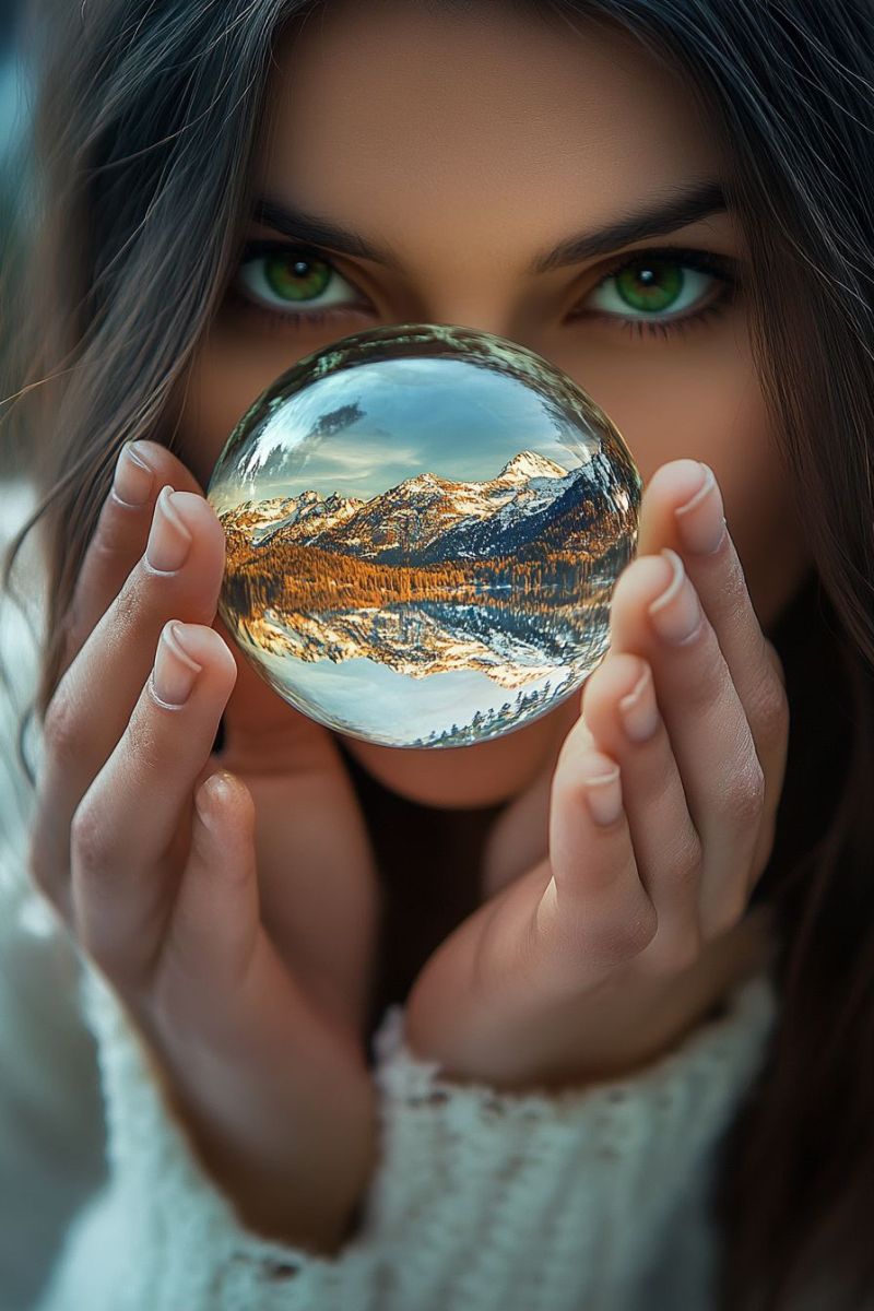 Femme tient boule cristal reflechi reflechies main tenant montagne scenario yeux verts nature panoramique Personne tenant un globe transparent et ronds dans sa main droite, qui reflète une image d'une carte de montagne. Le regard de la personne est directement tourné vers l'objectif du appareil photo, et elle apparaît à être à l'intérieur avec un fond flou.