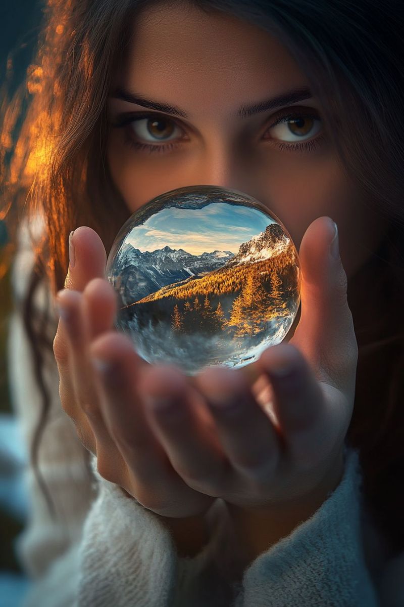 Globe main boule cristal montagneux reflete tenant reflets montagnes fille nature retroversion scenario Ceci est une image numérique représentant une personne tenant un cristal ronde et réfléchissant avec une vue de paysage montagneux visible à travers lui. L'individu apparaît être en extérieur mais est légèrement entouré d'un environnement intérieur, tenant doucement le cristal dans ses mains légèrement ouvertes. Le visage de la personne n'est pas visible dans son ensemble mais suggère une apparence jeunvelle avec une main soutenant le fond du cristal et l'autre le haut, permettant une vue claire du paysage montagneux à l'intérieur. L'avance-plan du tableau affiche une vision soft-focus de ce qui semble être un paysage montagneux neigeux avec des nuances de bleu variées, indiquant un ciel clair, probablement pendant le lever ou le coucher du soleil. Le éclairage du photo est chaud et naturel, suggérant un environnement intérieur éclairé par une lumière artificielle qui ressemble à la lumière naturelle. L'image a été éditée pour inclure un fond gradient au-dessus de l'image, qui passe de noir à blanc, probablement représentant le ciel au-dessus du paysage montagneux. Il n'y a pas d'écran visible sur l'image. Le style de l'image est créatif et pourrait être associé à des thèmes tels que la nature, la spiritualité ou la fantasy en raison des propriétés réfléchissantes du cristal et l'apparence magique du paysage à travers lui.