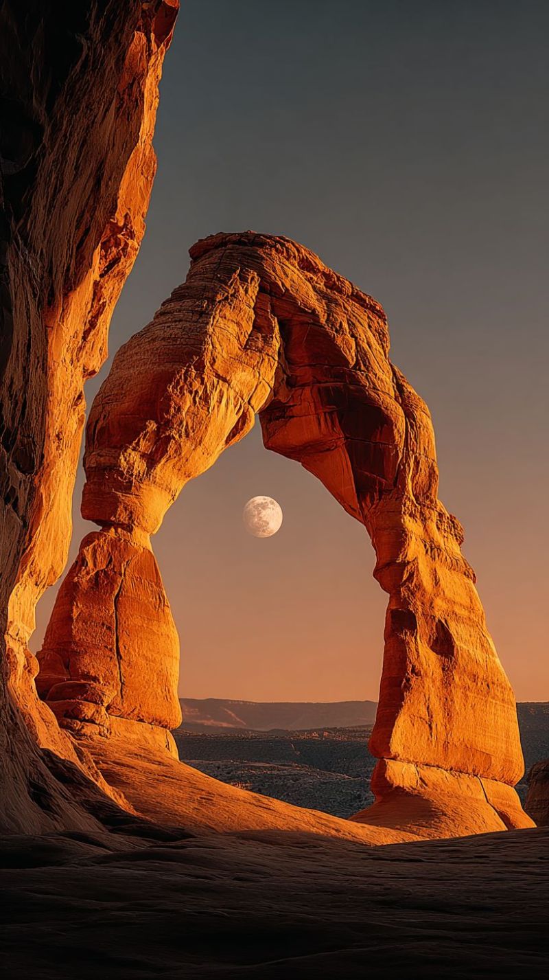 Arch moon sky sunset desert geology nature outdoors rock scenery scenic stone travel vista archway cliff formation The image captures a stunning natural arch formation, likely in a desert landscape, with a full moon prominently displayed in the sky. The arch is made of reddish-brown rock, with intricate textures and patterns etched into its surface. The moon is full and bright, casting a soft, ethereal glow over the scene. The sky is a deep, dusky blue, transitioning into a lighter hue near the horizon, suggesting either dawn or dusk. The overall atmosphere is serene and awe-inspiring, highlighting the beauty of nature's formations.