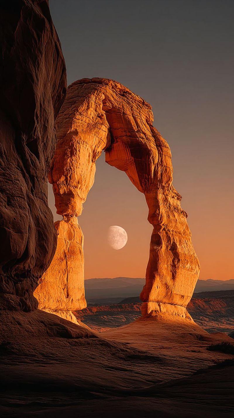 Arch desert moon sunset sky nature outdoors geology travel adventure exploration vista horizon mountains valley shadow rock formation striking natural arch formation made of sandstone, with a full moon prominently displayed in the sky behind it. The arch is large and curved, with a rugged texture and a reddish-brown color. The moon is bright and full, casting a soft glow on the surrounding landscape. The sky is a deep orange color, indicating either sunrise or sunset. The background shows a vast, open desert landscape with distant mountains.