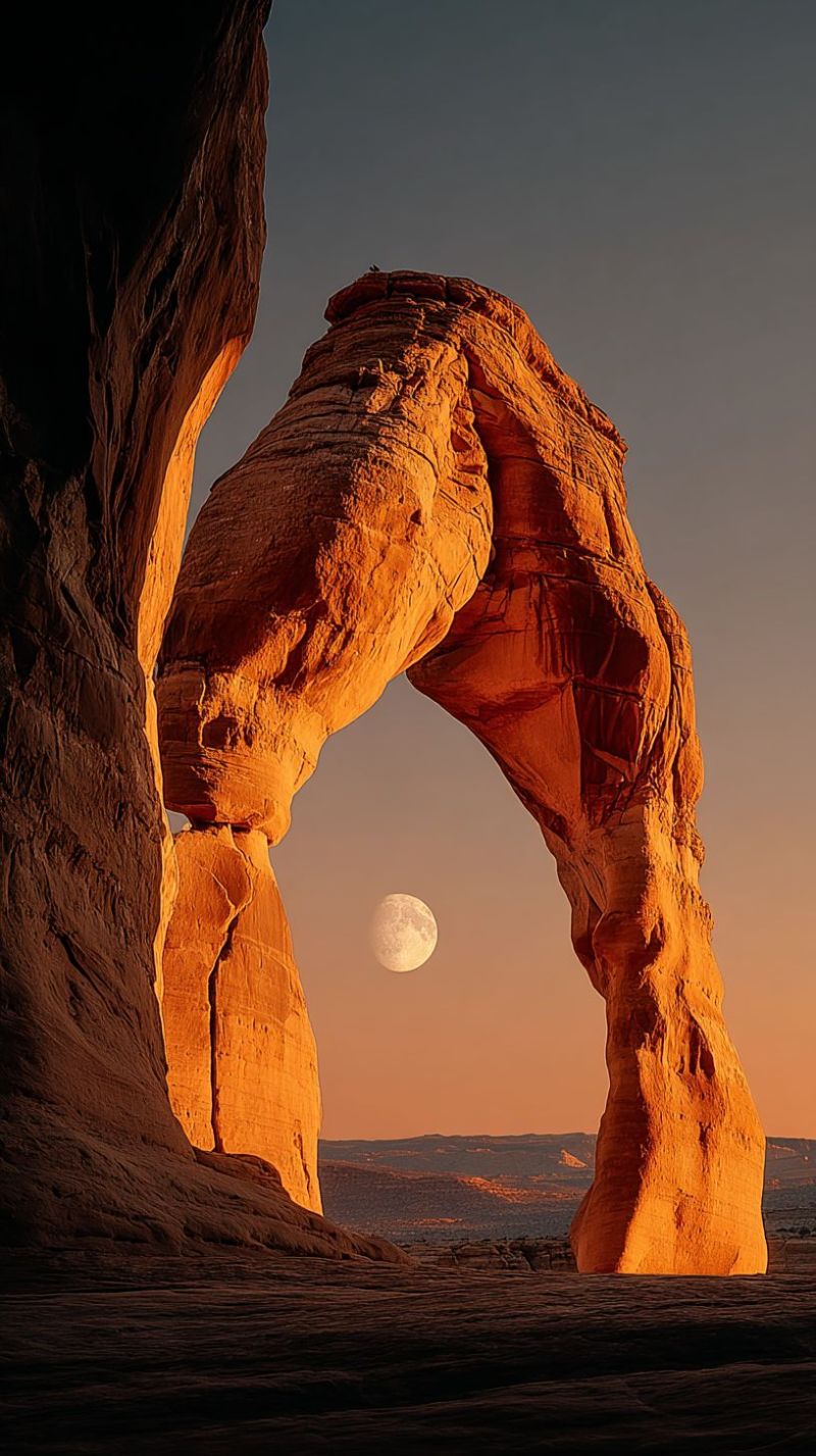 Arch desert moon sky nature geology outdoors sunset rock cliff mountain hill valley horizon shadow texture formation striking natural arch formation made of reddish-brown rock, standing prominently against a twilight sky. The arch is illuminated by the soft, warm light of the setting sun, casting long shadows and highlighting the intricate textures of the rock. The moon, almost full, is visible in the sky, positioned slightly above the arch, adding a serene and mystical quality to the scene. The sky transitions from a deep blue near the horizon to a lighter blue higher up, with hints of orange and pink from the setting sun. The ground beneath the arch is rocky and uneven, with sparse vegetation visible in the distance. The overall atmosphere is one of tranquility and awe, capturing the beauty of nature at dusk.
