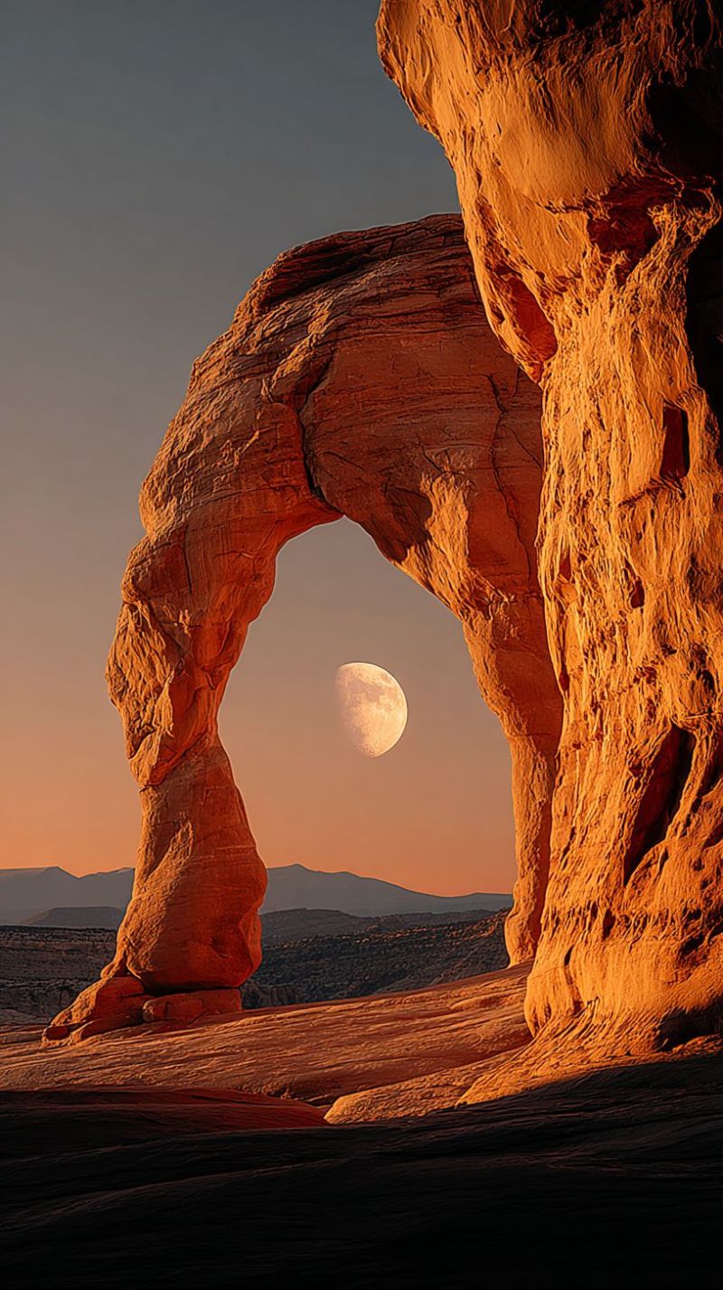 Moon sky desert arch sunset nature outdoors rock cliff mountain hill valley horizon shadow texture formation The image captures a stunning view of a natural rock formation resembling an arch, with the moon partially visible through the arch. The arch is made of reddish-brown sandstone, and its surface is textured with grooves and ridges. The sky above is a mix of deep blue and orange hues, indicating either sunrise or sunset. The moon is almost full, casting a soft, silvery light on the landscape. In the background, there are distant mountains with a gradient of colors from dark to light, suggesting the transition from night to day. The overall scene is serene and majestic, highlighting the beauty of nature.