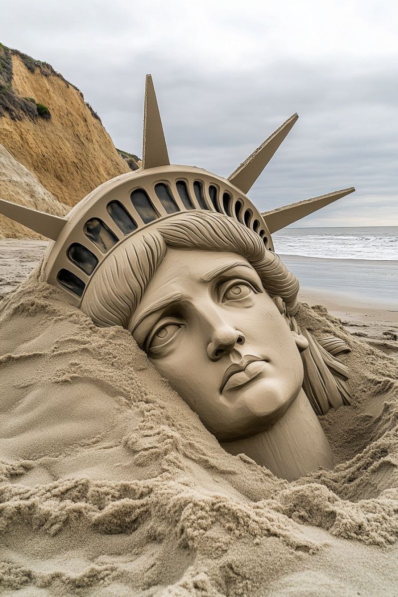 Sculpture sandcastle beach statue liberty craftsmanship creativity sand tourist attraction leisure time The image displays a large, three-dimensional figure of the Statue of Liberty's head and upper torso. This artwork is made from sand, which has been carefully shaped to resemble a statue. It is placed on a beach and partially buried within it. In the background, you can see elements of a coastal landscape with sand dunes, the edge of the ocean with waves breaking, and a clear sky above. The style of the image suggests it is either a photograph taken in real life or a digital manipulation designed to resemble an actual scene but featuring the sand sculpture as its centerpiece.