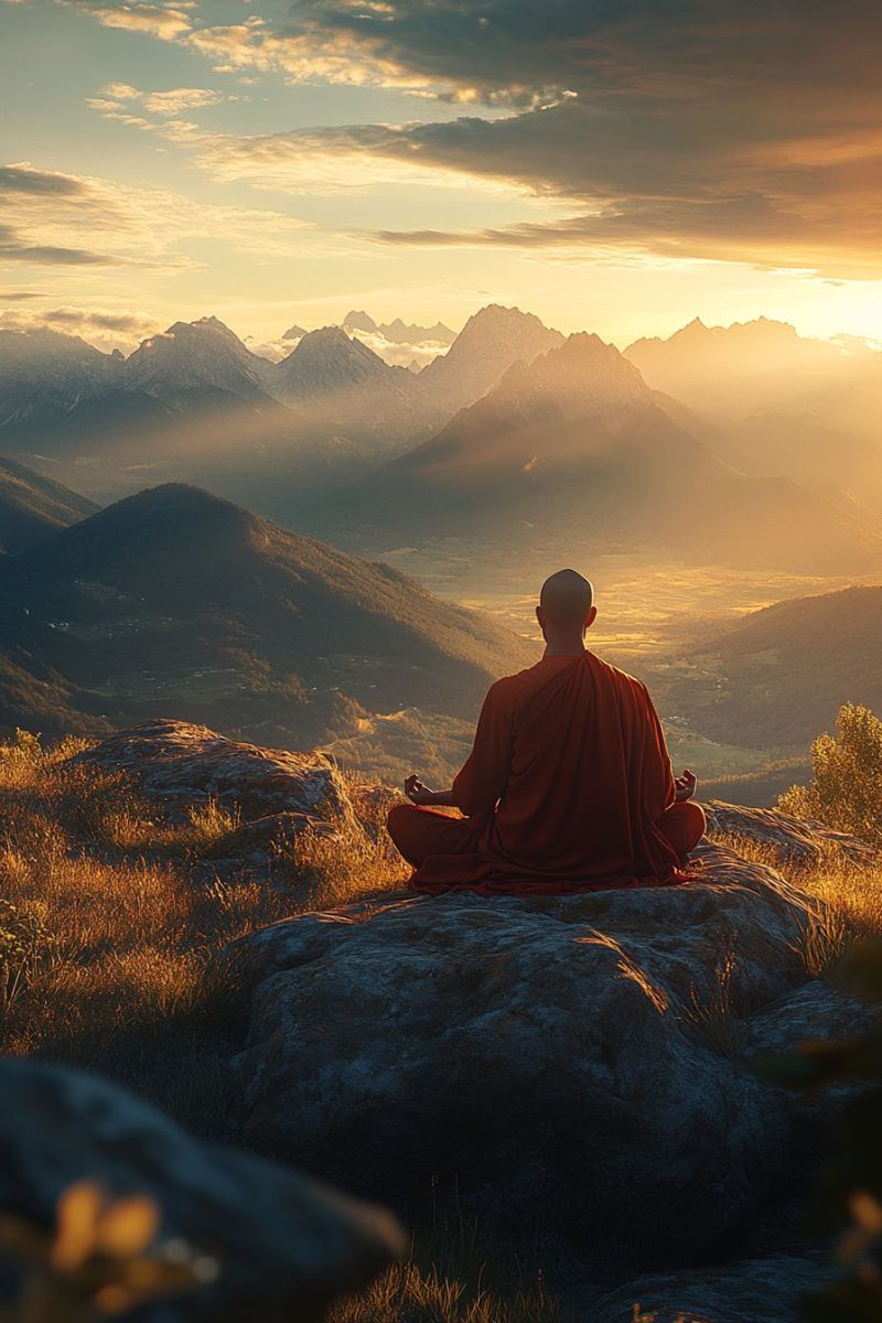 Meditation yoga sunrise sunset mountain peaceful setting monastery spirituality serenity calmne nature depiction of natural beauty, captured in such a way as to emphasize the peacefulness and grandeur of nature at night.