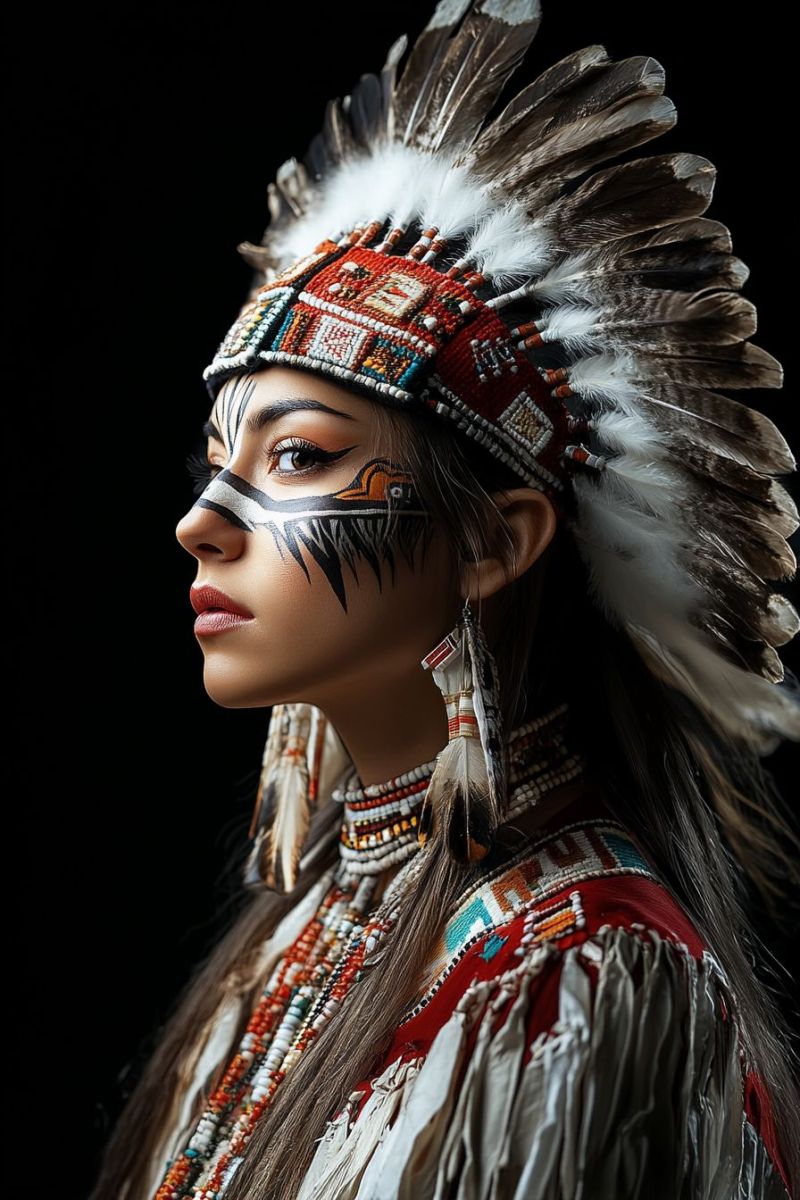 Native american indian tribal costume paint hoop earring hair accessorie traditional attire woman standing in front of a large, colorful stained glass window. She is looking upwards, with her arms stretched out towards the sky. The woman appears to be wearing a dress that includes elements such as what seem to be feathers or leaves on the sleeves. Her hair is long and flowing, and she has an ethereal appearance. The background is dark, which contrasts with the brightly colored stained glass behind her. In the upper right corner of the stained glass window, there's a depiction of what appears to be the sun or moon with rays emanating from it. The overall atmosphere of the image suggests a scene of reverence or worship.