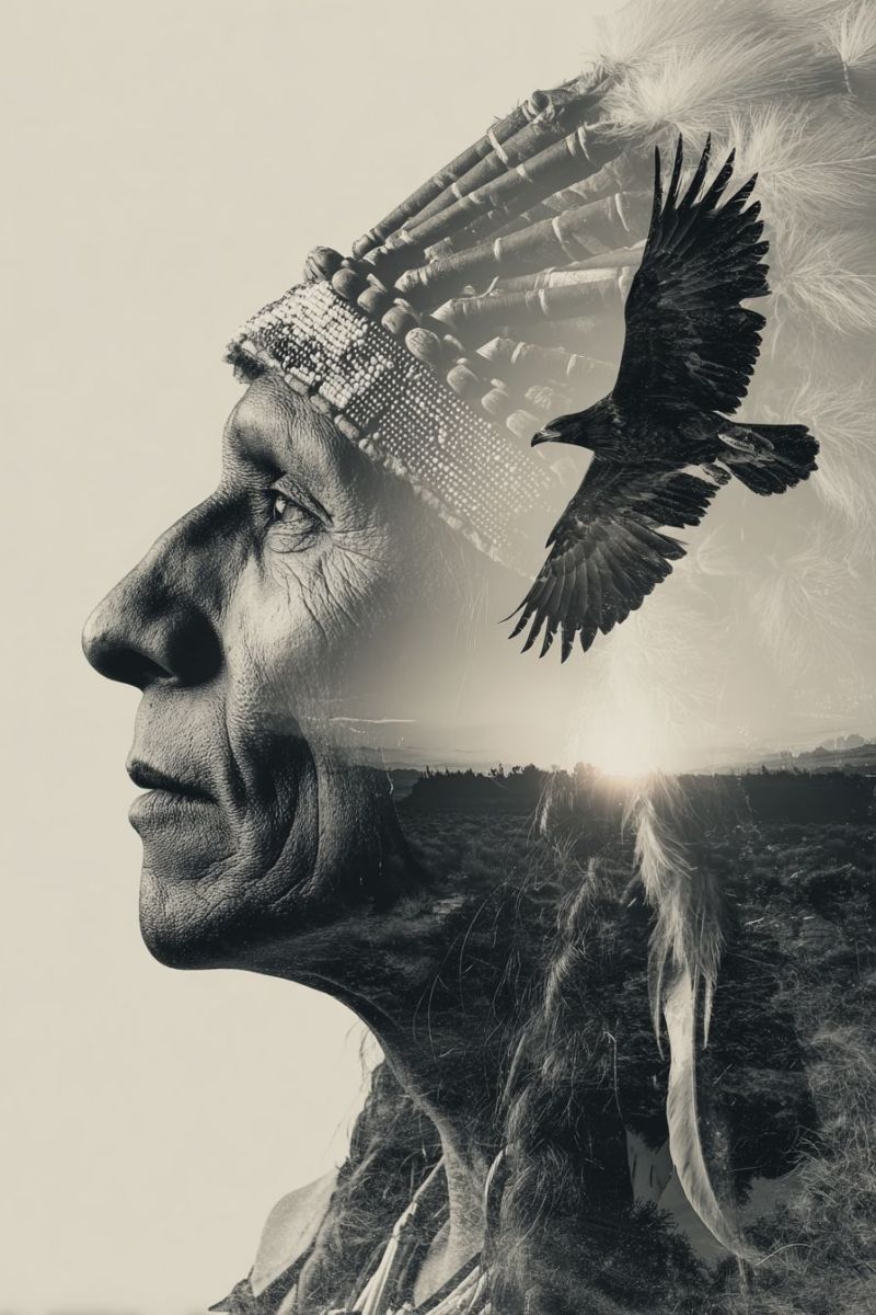 Profil indigene aigle vol lever soleil nature faune tradition culture patrimoine spiritualite liberte cote plume coiffe Composite, avec le visage de l'aîné et les ailes de l'oiseau apparaissant comme superposés au paysage.