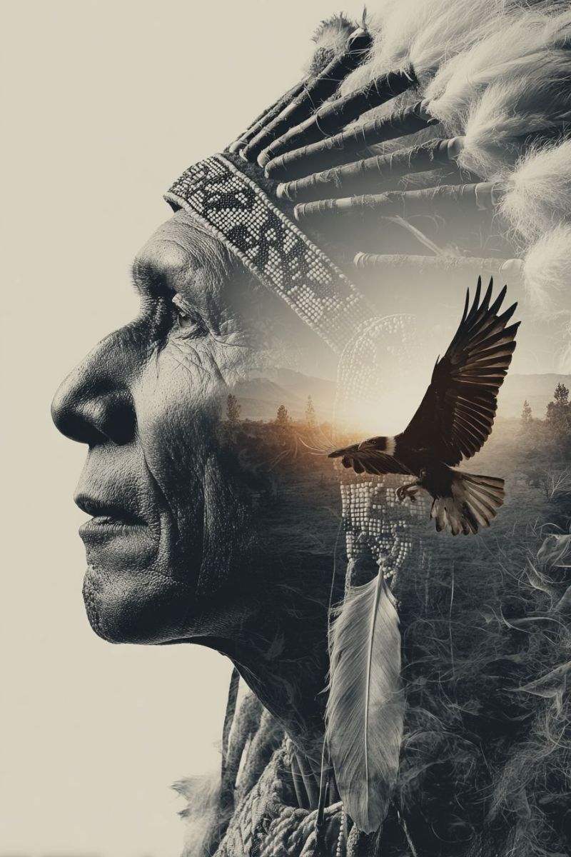Eagle feather headdress chief tribal traditional cultural heritage identity symbolism contrast shadow nature native american profile view of an elderly man's face, rendered in black and white. He wears a traditional headdress adorned with feathers and beads. His face is weathered, showing signs of age. Overlapping his face is a silhouette of an eagle in flight, its wings spread wide, adding a dynamic element to the composition. The background is a blend of a serene landscape with trees and mountains, and a dotted pattern that gives a sense of depth and movement. The overall mood is reflective and serene, with a touch of mysticism.