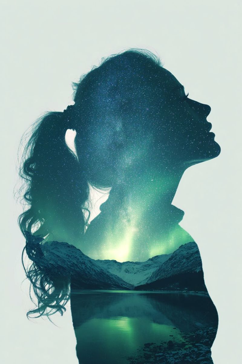Femme montagne lac nuit ciel etoiles reflet eau aurore vert obscurite beaute nature espace reve Silhouette d'une femme aux longs cheveux ondulés attachés en queue de cheval. Sa tête est tournée vers la droite, et ses cheveux descendent le long de son dos. En arrière-plan, un ciel nocturne époustouflant rempli d'étoiles, avec une légère trace d'aurore boréale, les aurores polaires, ajoutant une touche magique. Sous la silhouette, un lac serein reflète le ciel nocturne, et au loin, des montagnes enneigées créent un paysage paisible et mystique.