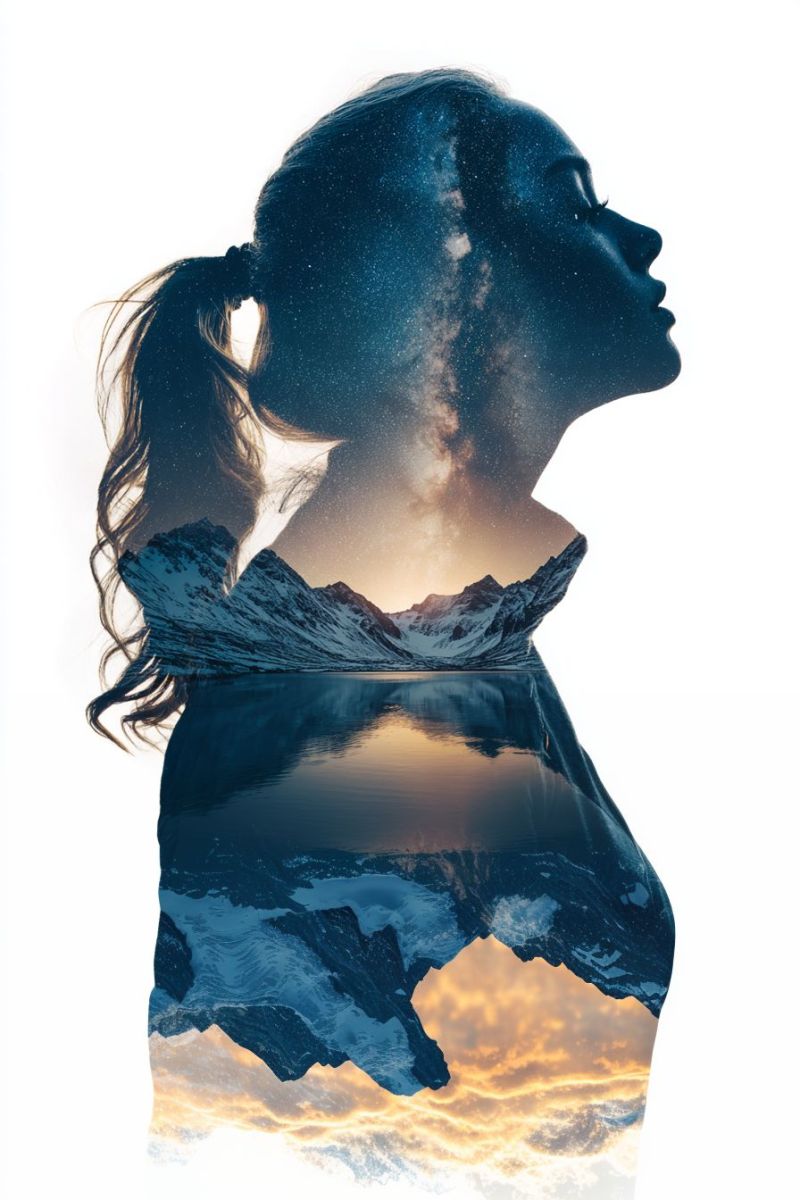 Woman mountain lake sky reflection night stars clouds sunset nature beauty inspiration dream freedom adventure silhouette of a woman with her hair tied in a ponytail, looking up at the night sky. Her face is partially illuminated by the stars, creating a dreamy effect. The background is a stunning landscape of mountains and a lake, with the Milky Way galaxy visible in the sky. The mountains are covered in snow, and the lake reflects the stars and clouds. The image has a surreal and ethereal quality, with the woman's silhouette blending seamlessly into the natural scenery.