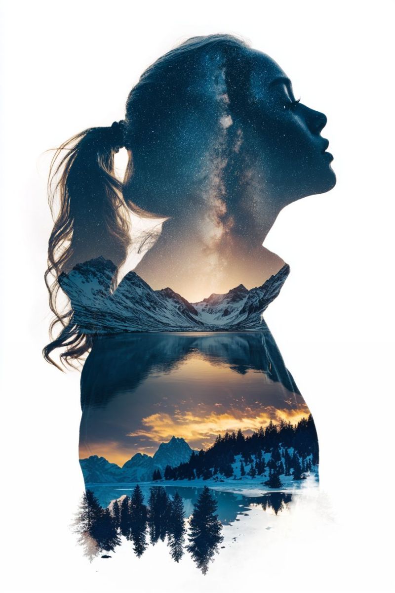 Woman mountain lake reflection night sky stars galaxy clouds sunset trees snow nature beauty A silhouette of a woman with her hair tied in a ponytail is looking up at the night sky filled with stars. Her face is partially illuminated by the light of the stars, and her body is reflected in the water below, showing a serene landscape with mountains, trees, and a lake. The sky above is a mix of orange and blue, suggesting either a sunset or sunrise. The reflection in the water shows the same landscape, creating a mirror effect.