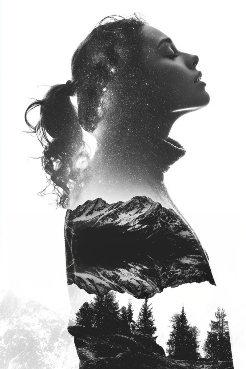 Femme montagne nature ciel etoiles coiffure coupe bandeau epingle attache accessoire pince noeud ruban Mélange de nature et de forme humaine, créant un effet surréaliste et artistique.