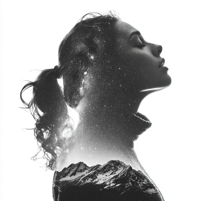 Femme montagne ciel nuit etoiles coiffure beaute minimalisme inspiration reveur morose elegant chic Une silhouette en noir et blanc d'une femme les yeux fermés, les cheveux attachés en queue-de-cheval, et la tête inclinée vers le haut. Le fond derrière elle présente un paysage montagneux avec des pics enneigés, se fondant dans un ciel nocturne étoilé. Les étoiles sont dispersées dans le ciel, créant un effet rêveur et éthéré. Le profil de la femme contraste fortement avec le fond clair, soulignant son expression sereine et contemplative.