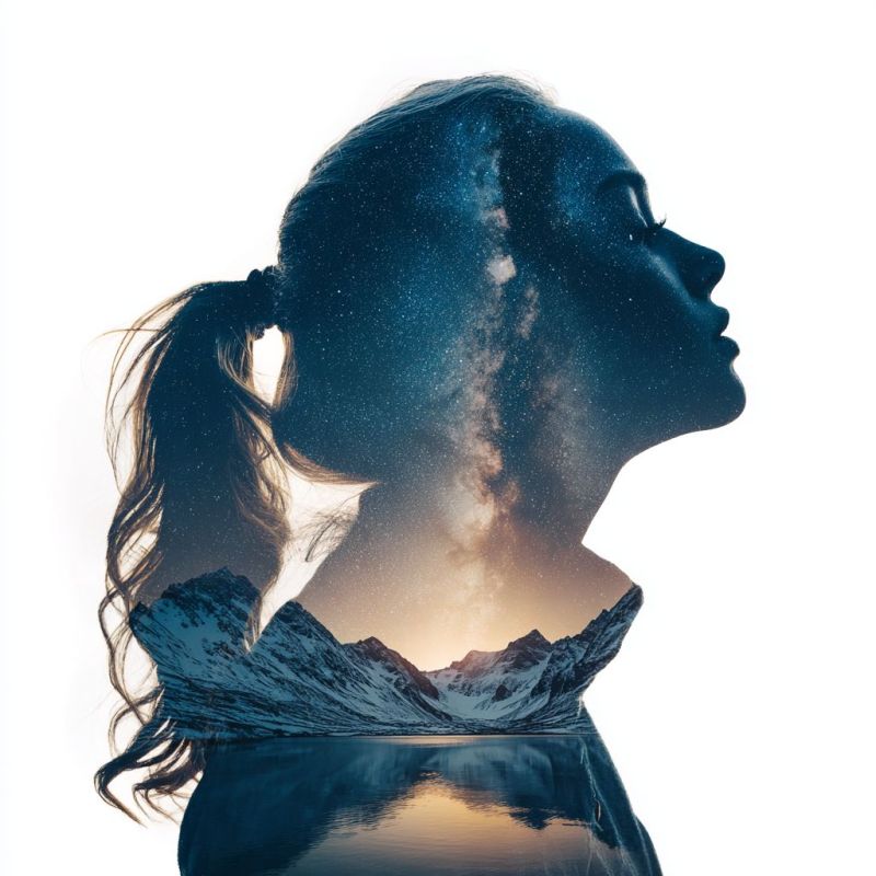 Femme nuit ciel montagnes lac reflet queue cheval coiffure astronomie cosmique univers celeste etoile cosmologie espace Silhouette d'une femme aux longs cheveux attachés en queue de cheval, regardant vers le haut. Son visage est partiellement éclairé par une douce lumière chaude, provenant peut-être du soleil couchant. En arrière-plan, un magnifique ciel nocturne rempli d'étoiles, y compris une galaxie remarquable de la Voie Lactée. Sous la femme, il y a le reflet d'un lac serein, reflétant le ciel et les étoiles. Le lac est entouré d'un paysage montagneux, avec des pics enneigés visibles au loin. La scène globale combine des éléments de la nature et du cosmos, créant une image tranquille et impressionnante.
