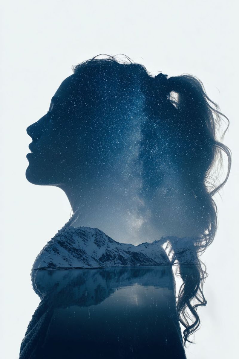 Femme nuit etoiles montagnes reflet lac ciel boucles beaute nature neige hiver froid gel glace eau Silhouette d'une femme aux longs cheveux ondulés, coiffés en queue de cheval. Son profil est tourné vers la gauche, et ses cheveux semblent être illuminés par une douce lumière brillante, ressemblant à des étoiles ou à un ciel nocturne. L'arrière-plan derrière elle est un paysage serein de montagnes enneigées et d'un calme plan d'eau, peut-être un lac, reflétant le ciel et les montagnes. L'effet global est éthéré et onirique, avec la silhouette de la femme se fondant harmonieusement dans le paysage naturel.