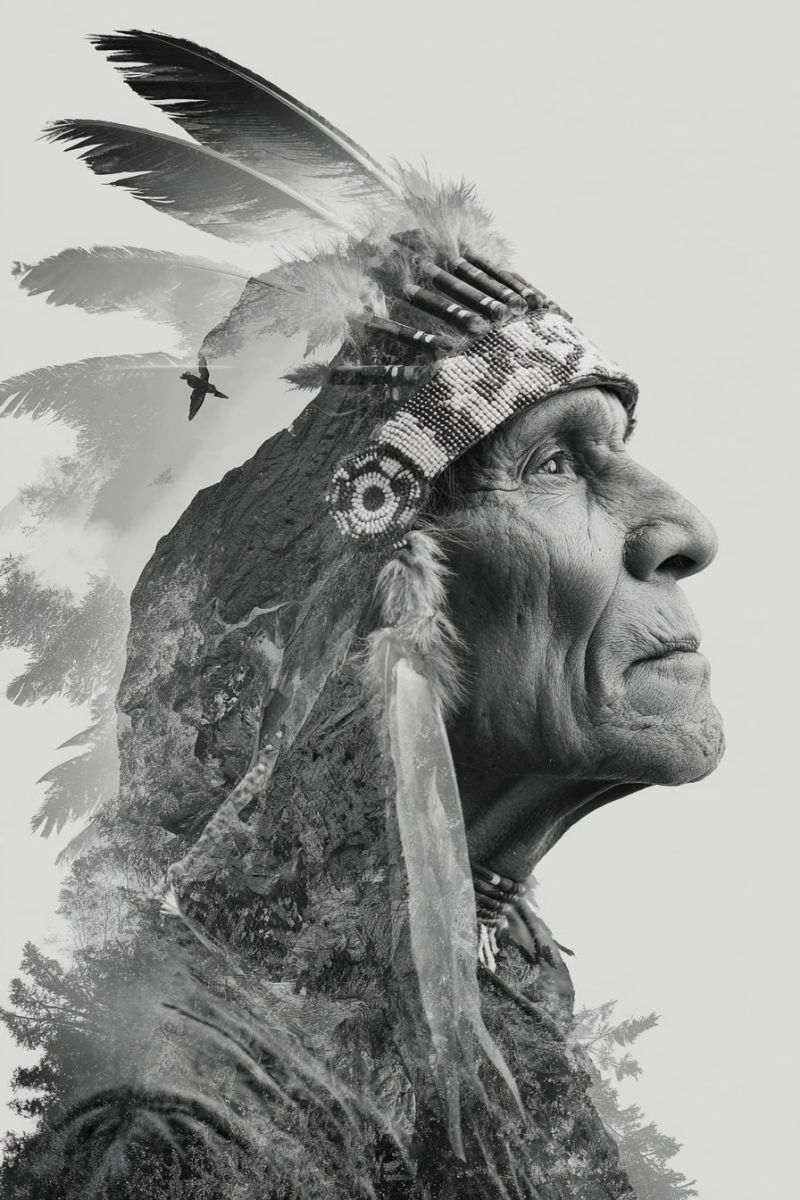 Man feather headband feathers headdress head hat headpiece hatband portrait of an elderly person, likely a Native American elder, in black and white. The elder is wearing a traditional headdress adorned with feathers and beads, with a prominent feather sticking out from the top. The elder's face is turned to the side, showing a profile view. The background is a blend of a forest scene and a mountain, creating a layered effect. The elder's attire includes a beaded necklace and a fur-trimmed garment. The overall mood of the image is solemn and reflective, emphasizing the elder's wisdom and connection to nature.