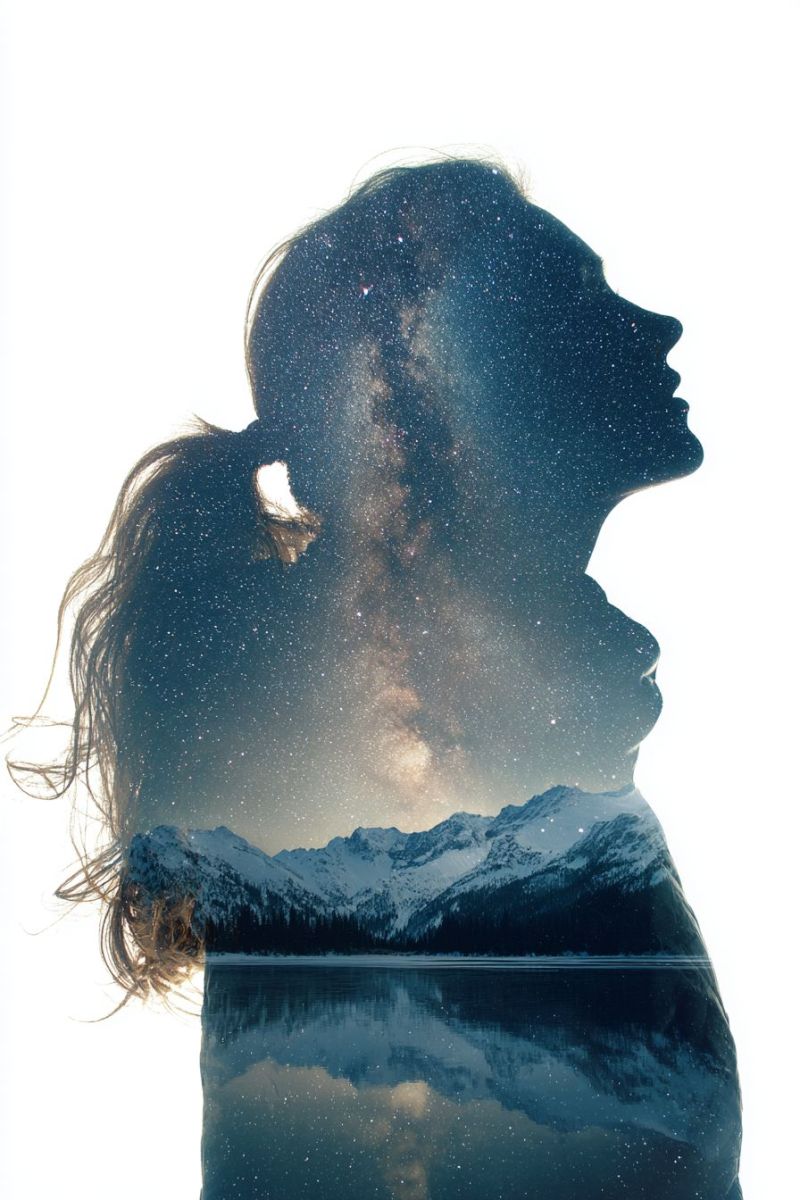Woman night sky stars mountains lake reflection hairstyle hairband tie clip accessory starry A silhouette of a woman with long hair is looking up at the night sky, which is filled with stars and the Milky Way. The silhouette is reflected on the water below, creating a mirror image. The background features a mountain range with snow-capped peaks, and the sky is a deep blue, indicating it is nighttime. The image conveys a sense of tranquility and wonder, with the woman's gaze directed towards the vastness of the universe.