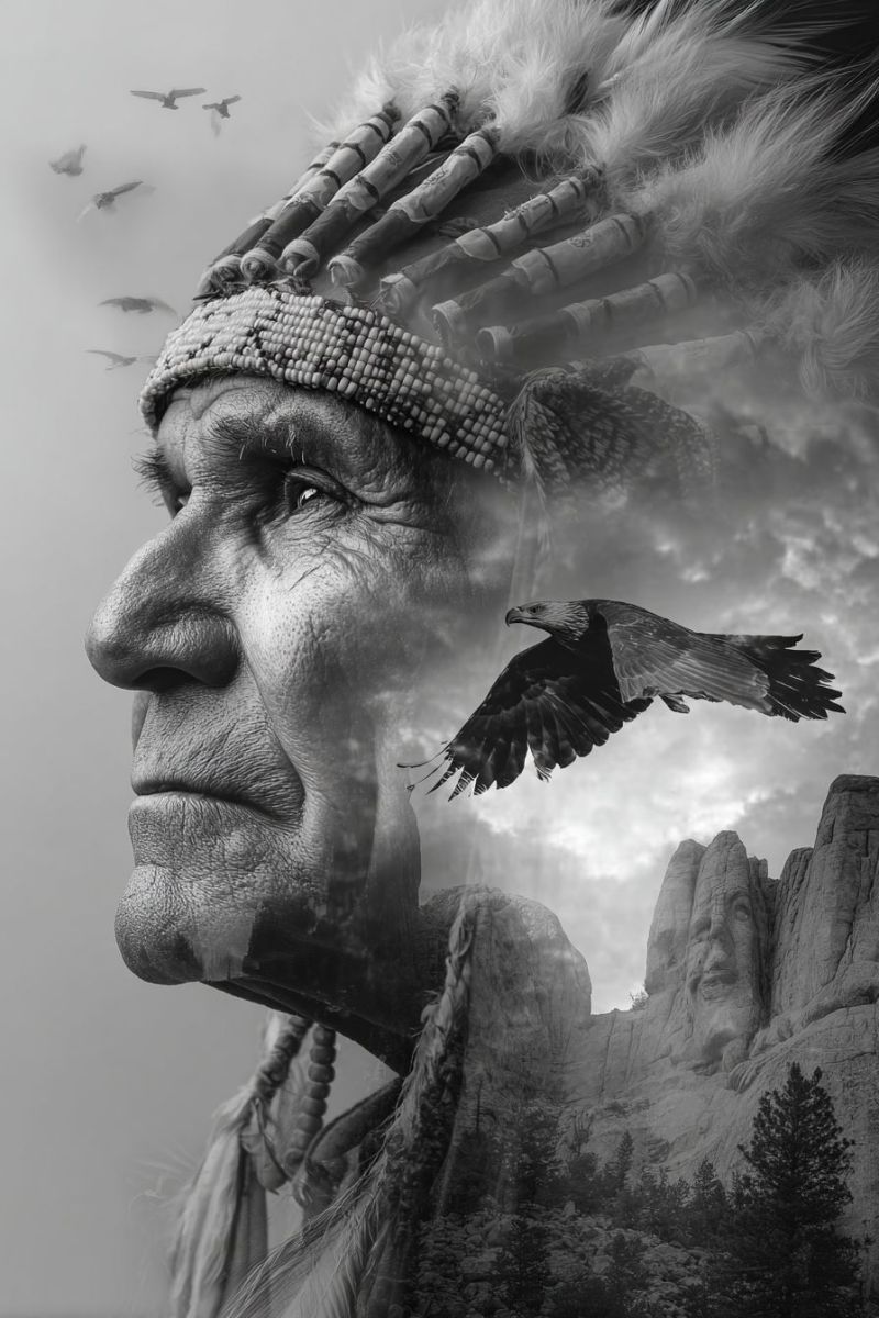 Chef aigles natif americain plumes coiffes volant ciel dessus montagnes Portrait en noir et blanc d'un homme amérindien âgé. Il porte un heaume traditionnel orné de plumes et de perles, et son visage est mis en valeur sur fond d'un paysage montagneux. La montagne est sculptée avec les visages de quatre présidents américains, dont George Washington, Thomas Jefferson, Theodore Roosevelt et Abraham Lincoln. Au-dessus de la montagne, un aigle plane dans le ciel, et plusieurs oiseaux volent en arrière-plan. La scène se déroule sous un ciel nuageux, ajoutant à l'effet dramatique du portrait.