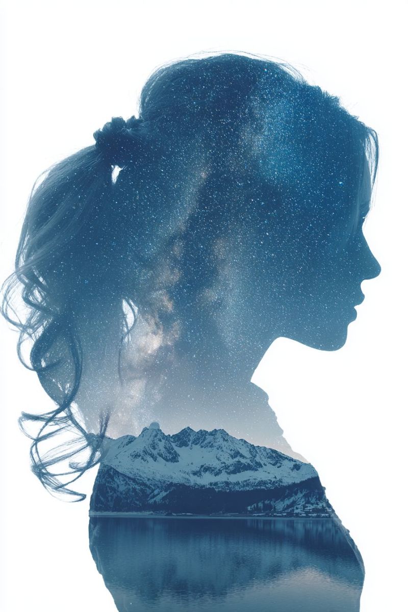 Femme montagne lac nuit ciel etoiles reflet coiffure chignon noeud ruban queue cheval tresse pince accessoire ornement decoration Silhouette d'une femme aux cheveux longs et ondulés attachés en queue de cheval. Ses cheveux sont positionnés sur le côté gauche de sa tête et descendent jusqu'à ses épaules. La silhouette est placée sur un fond de ciel nocturne rempli d'étoiles, y compris une galaxie remarquable de la Voie Lactée. Sous la silhouette, il y a le reflet d'un lac serein, miroir du ciel étoilé. En arrière-plan, des montagnes enneigées ajoutent à ce cadre tranquille et pittoresque. La composition globale est minimaliste, mettant l'accent sur le contraste entre la silhouette sombre et le ciel brillant et étoilé.