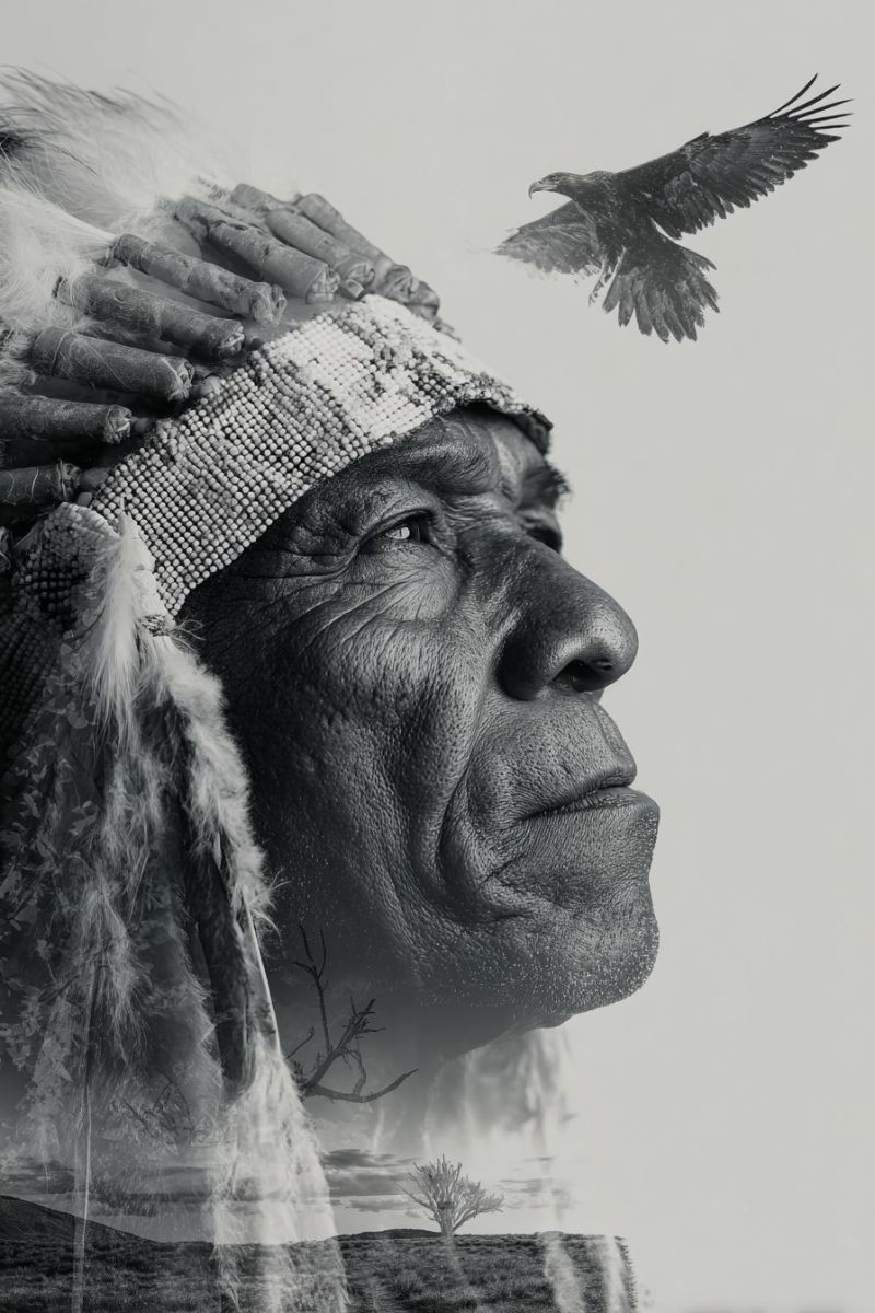 Homme aigle plume coiffe plumes bandeau Homme âgé avec une expression sérieuse. Il porte un couvre-chef avec des plumes et des perles, et une cape en fourrure. Au-dessus de sa tête, il y a un oiseau en vol, peut-être un aigle. Le fond est un paysage avec un arbre et un plan d'eau. L'image a un effet légèrement flou, lui donnant une qualité onirique.