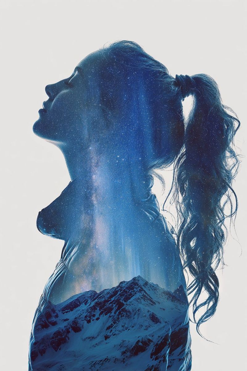 Woman mountain sky night star space galaxy astronomy cosmic universe celestial starry cosmology astrophysics outer silhouette of a woman with long, wavy hair styled in a ponytail. Her hair is dark and appears to be flowing in the wind. The background behind her is a stunning night sky filled with stars, giving the impression of a galaxy. The stars are scattered across the sky, creating a beautiful and ethereal effect. The woman's face is turned upwards, and she seems to be gazing at the stars. The silhouette of her body is positioned in front of a mountain range covered in snow, adding to the serene and majestic atmosphere of the image.