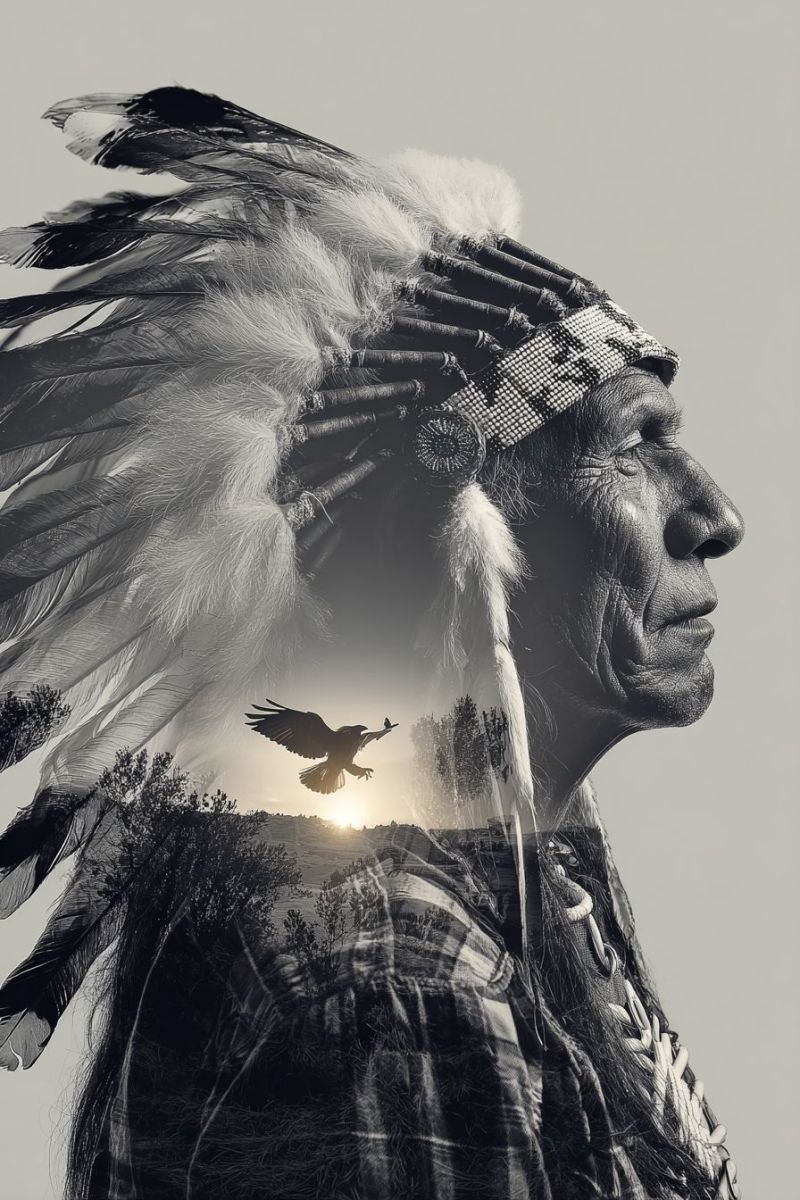Man feather headdress feathers eagle feathered An elderly man with a weathered face and long, gray hair is wearing a traditional Native American headdress adorned with feathers and a beaded headband. The headdress is prominently displayed, with feathers extending down to his shoulders. His eyes are closed, and he appears to be in deep thought or contemplation. In the background, there is a silhouette of a bird in flight, adding a dynamic element to the image. The scene is set against a back of a sunset, with the sky transitioning from orange to dark, creating a serene and reflective atmosphere.