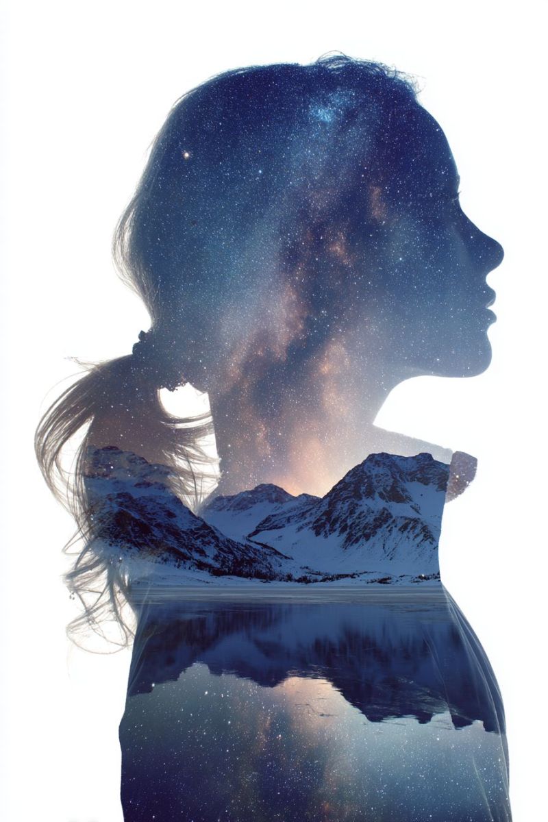 Femme nuit ciel etoiles montagnes reflet eau lac neige nature beaute reveur inspiration cosmique Silhouette d'une femme debout devant un fond de ciel nocturne rempli d'étoiles et d'une galaxie. Ses cheveux flottent librement, et elle a une queue de cheval. La silhouette est superposée à un paysage serein, comprenant des montagnes enneigées et un plan d'eau calme, qui reflète le ciel et les étoiles. Le ciel est d'un bleu profond avec de nombreuses étoiles, et la galaxie est visible, ajoutant une qualité mystique et rêveuse à la scène.