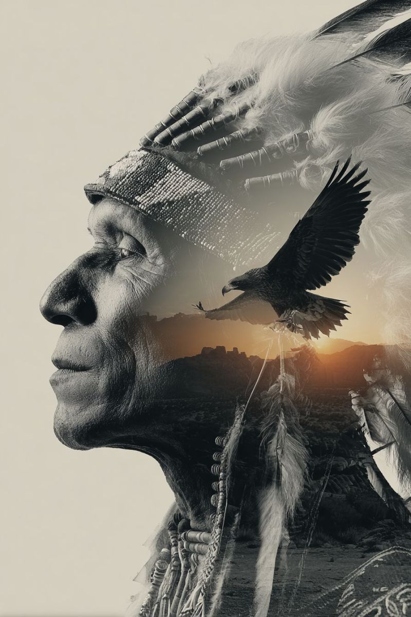 Aigle plumes coiffe tribal traditionnel culturel heritage identite ombre texture expression emotion natif americain Vue de profil du visage d'un homme âgé, rendu en noir et blanc. Son visage est orné de détails complexes, y compris un heaume avec des plumes et des perles. Au-dessus de sa tête, il y a un aigle majestueux en vol, ses ailes largement déployées. Le fond est un mélange de coucher de soleil et d'un paysage montagneux, créant une atmosphère sereine et majestueuse. L'ombre de l'aigle tombe sur le visage de l'homme, ajoutant de la profondeur et du contraste à l'image.